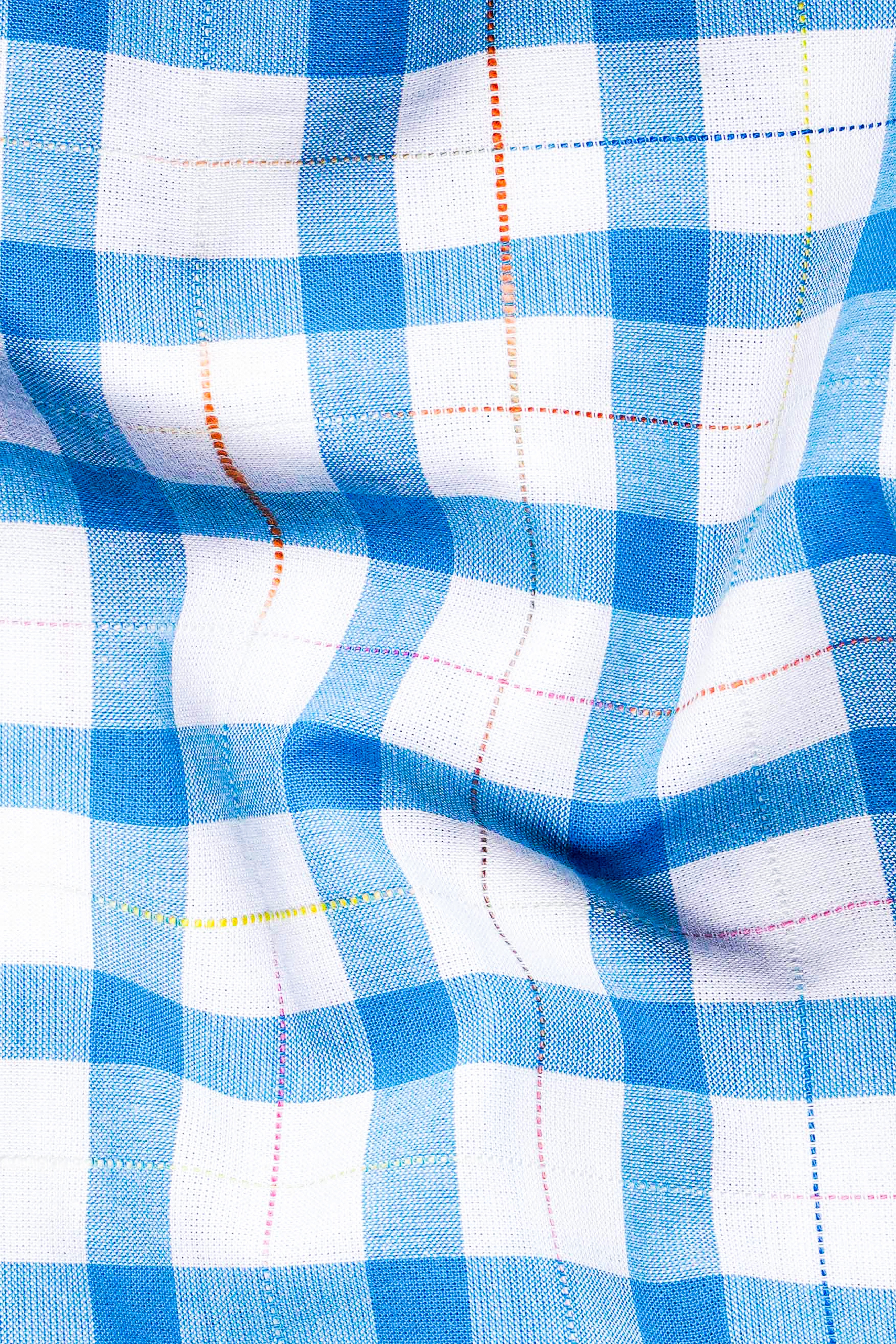 Bright White and Picton Blue Checkered Dobby Textured Premium Giza Cotton Shirt