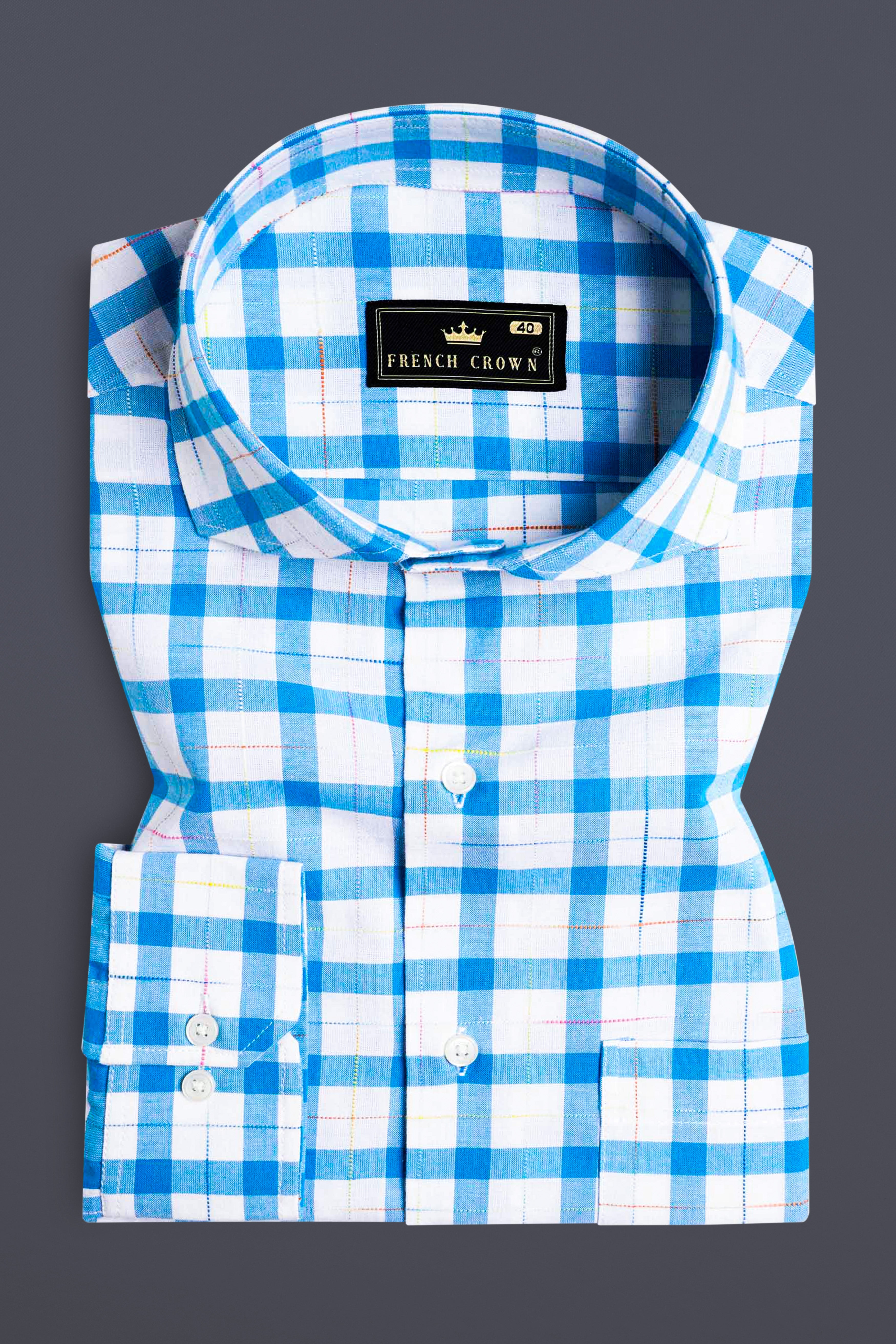 Bright White and Picton Blue Checkered Dobby Textured Premium Giza Cotton Shirt