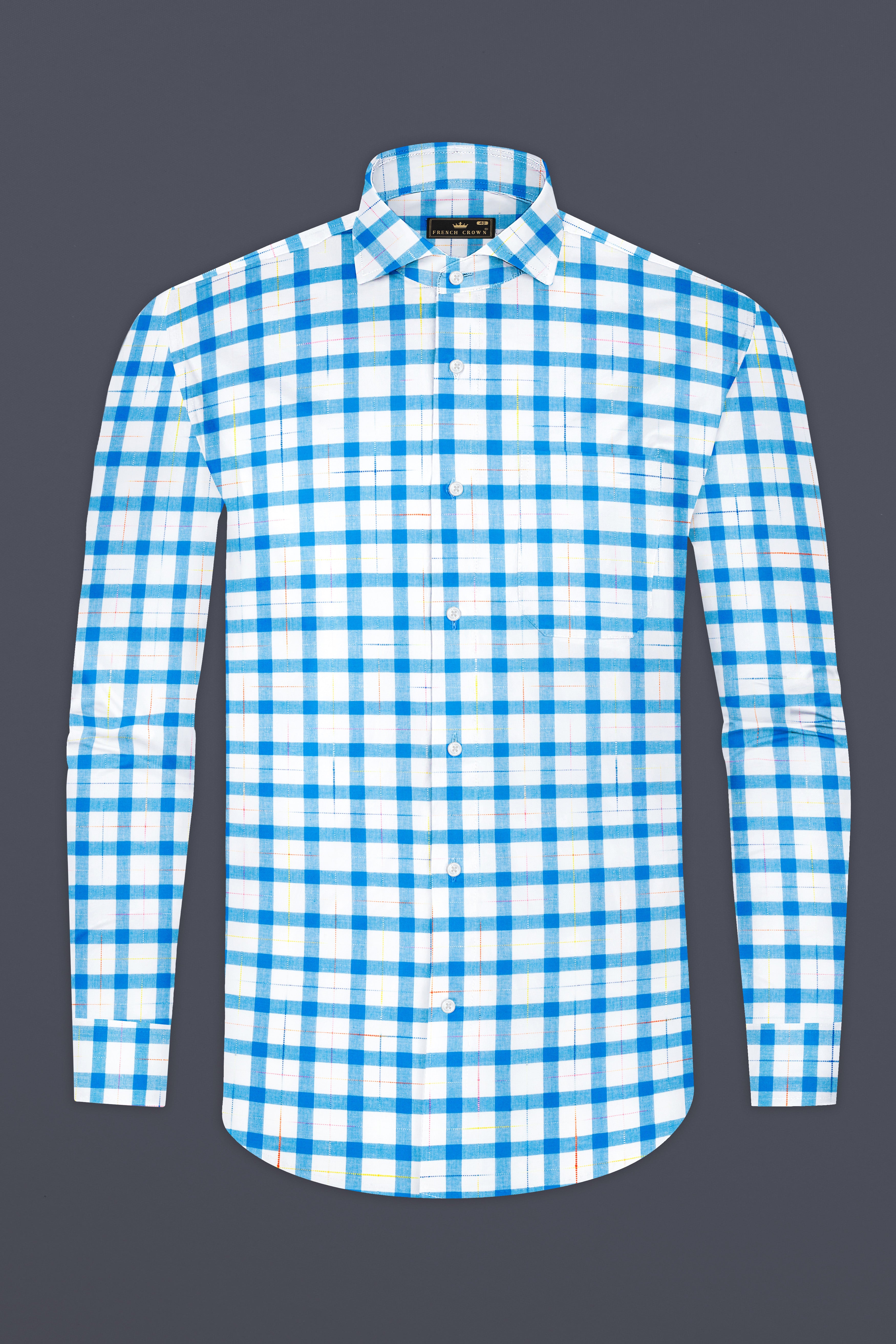 Bright White and Picton Blue Checkered Dobby Textured Premium Giza Cotton Shirt