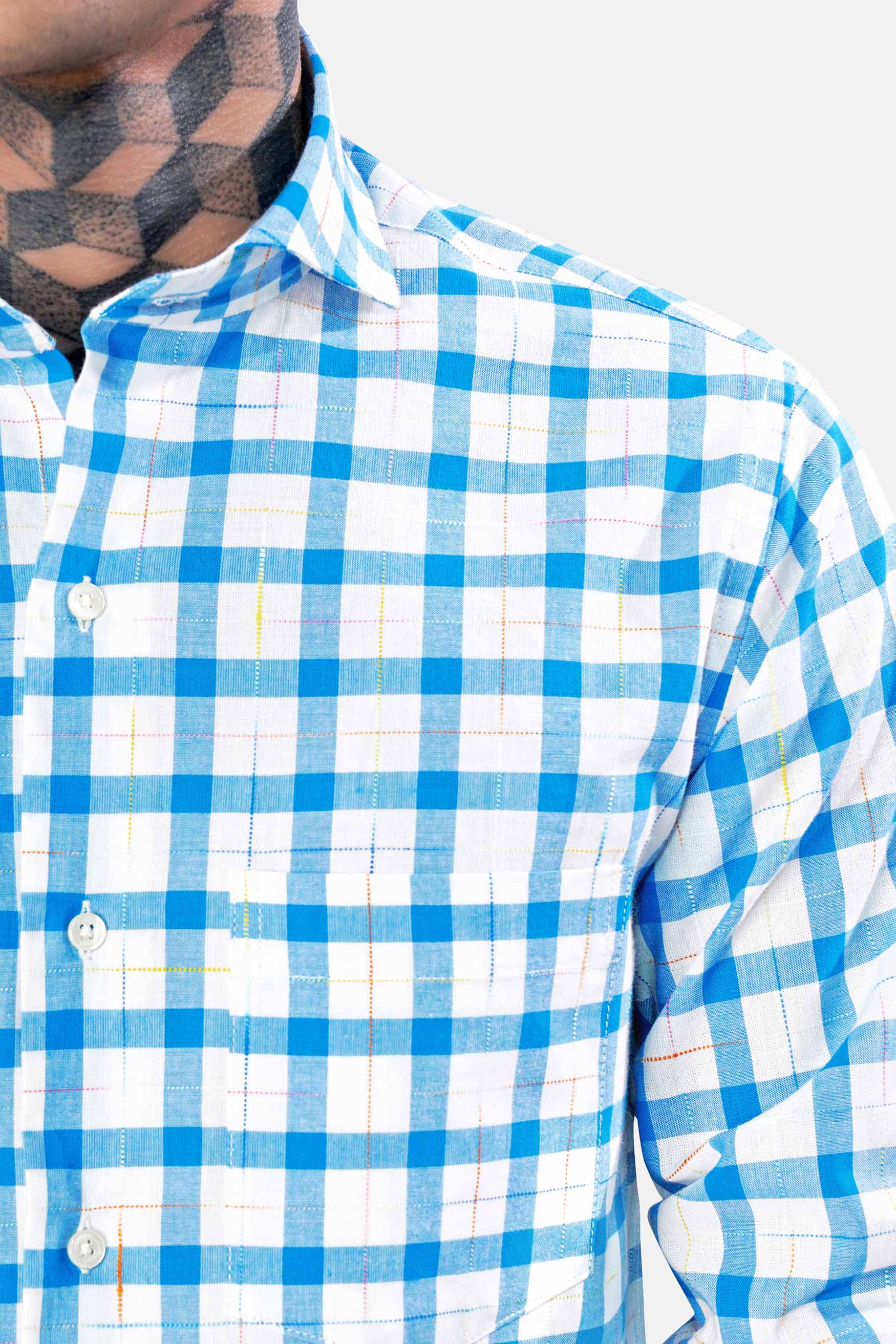 Bright White and Picton Blue Checkered Dobby Textured Premium Giza Cotton Shirt