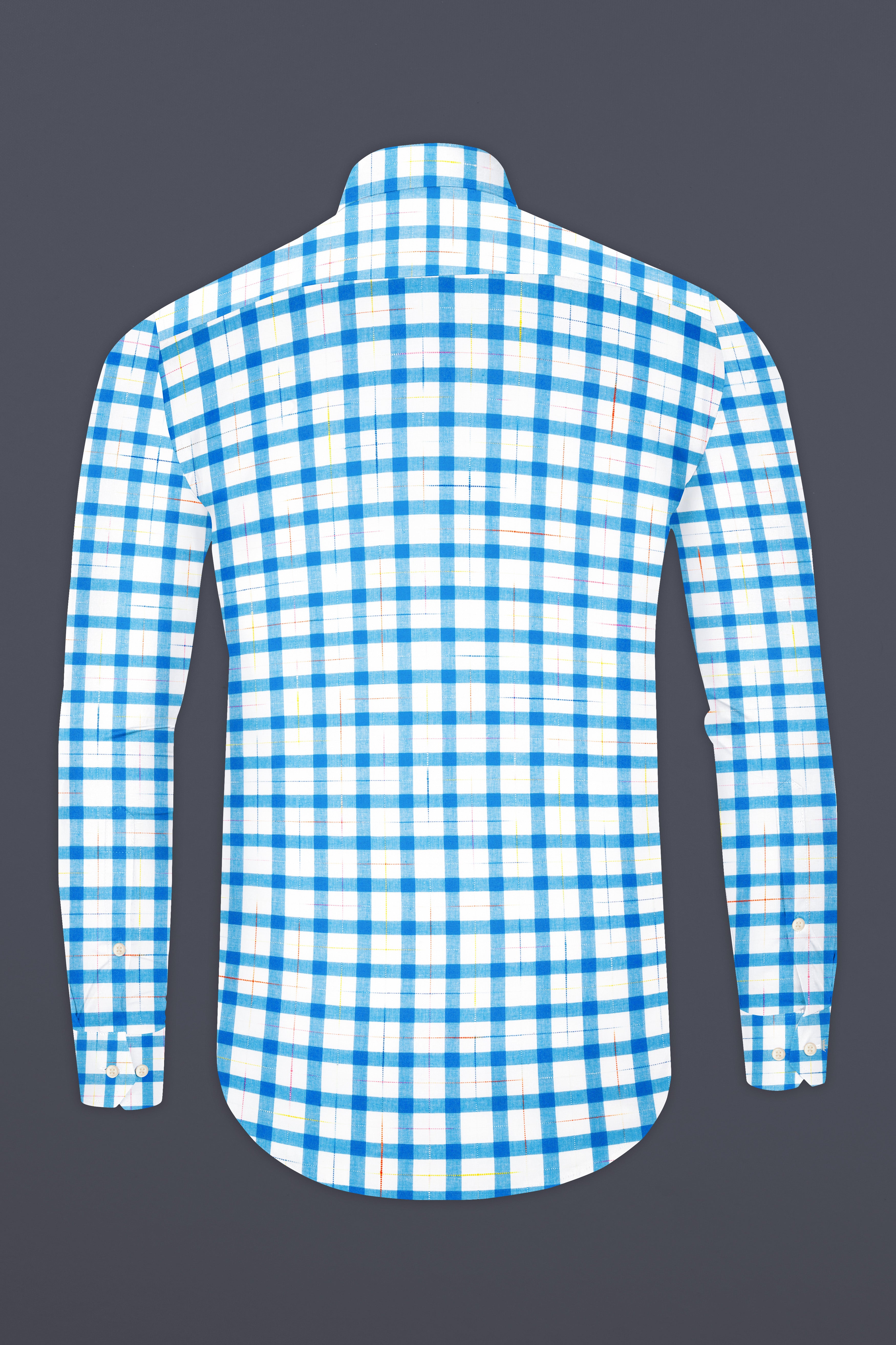 Bright White and Picton Blue Checkered Dobby Textured Premium Giza Cotton Shirt