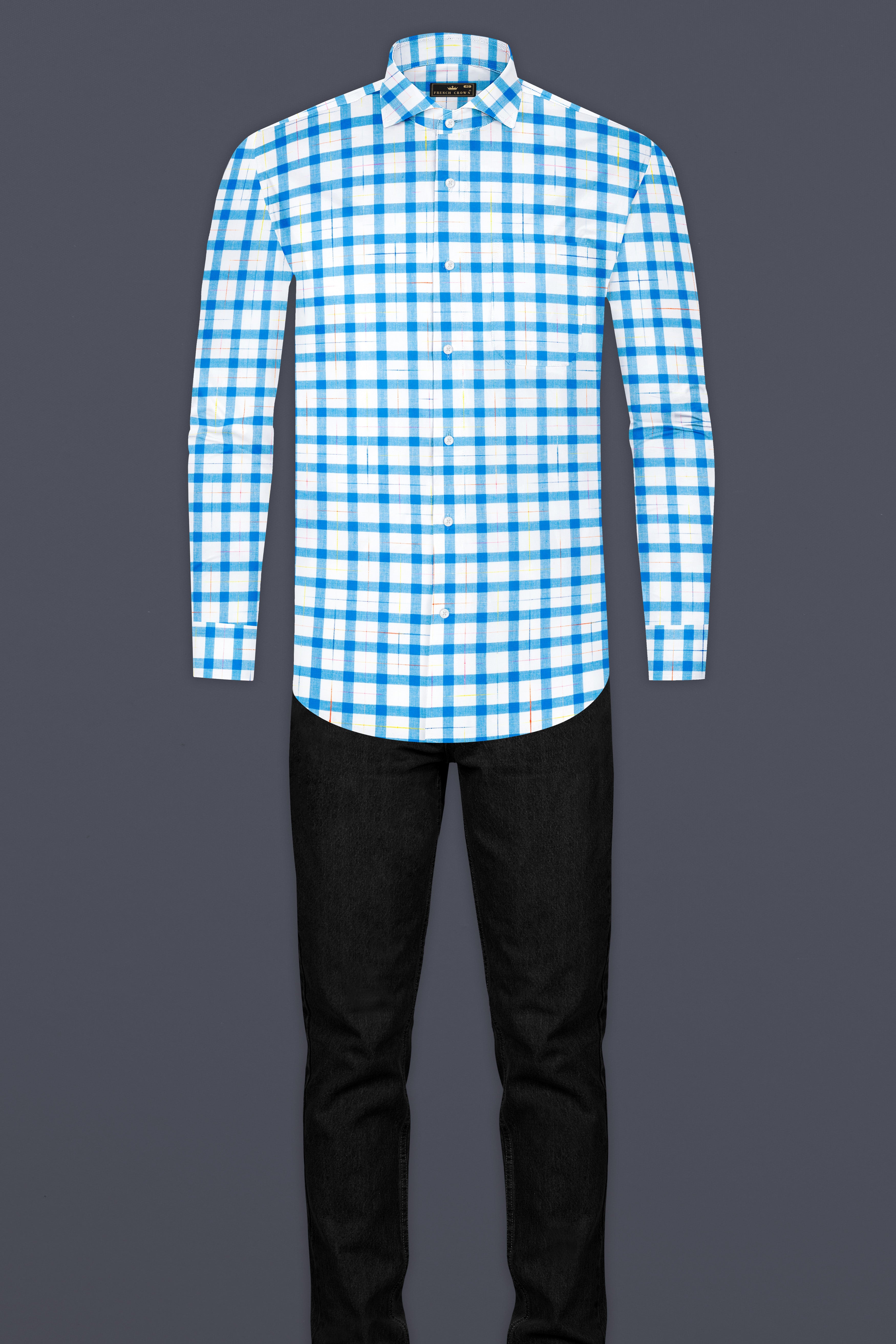 Bright White and Picton Blue Checkered Dobby Textured Premium Giza Cotton Shirt