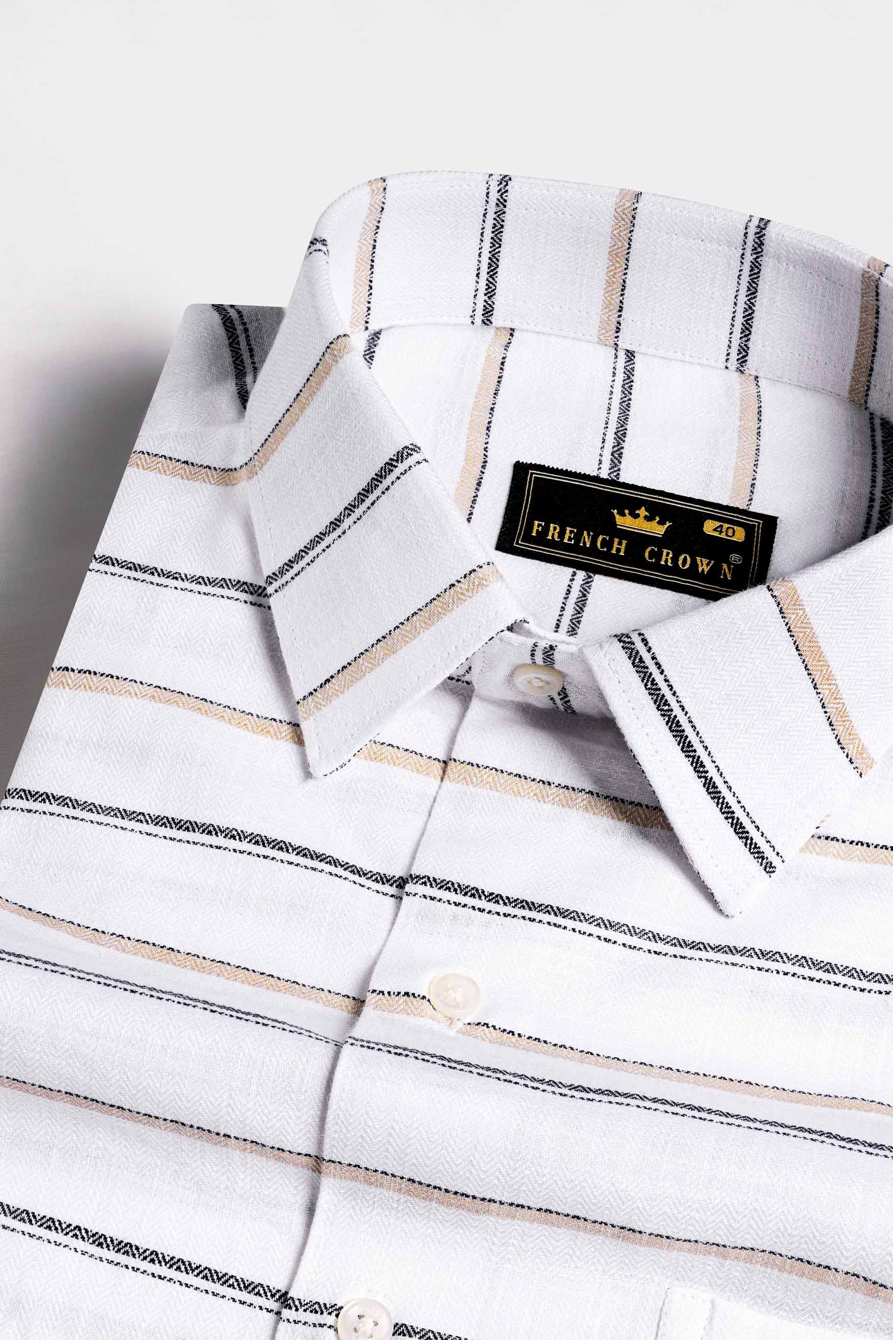 Bright White with Brandy Brown and Black Striped Dobby Textured Premium Giza Cotton Shirt