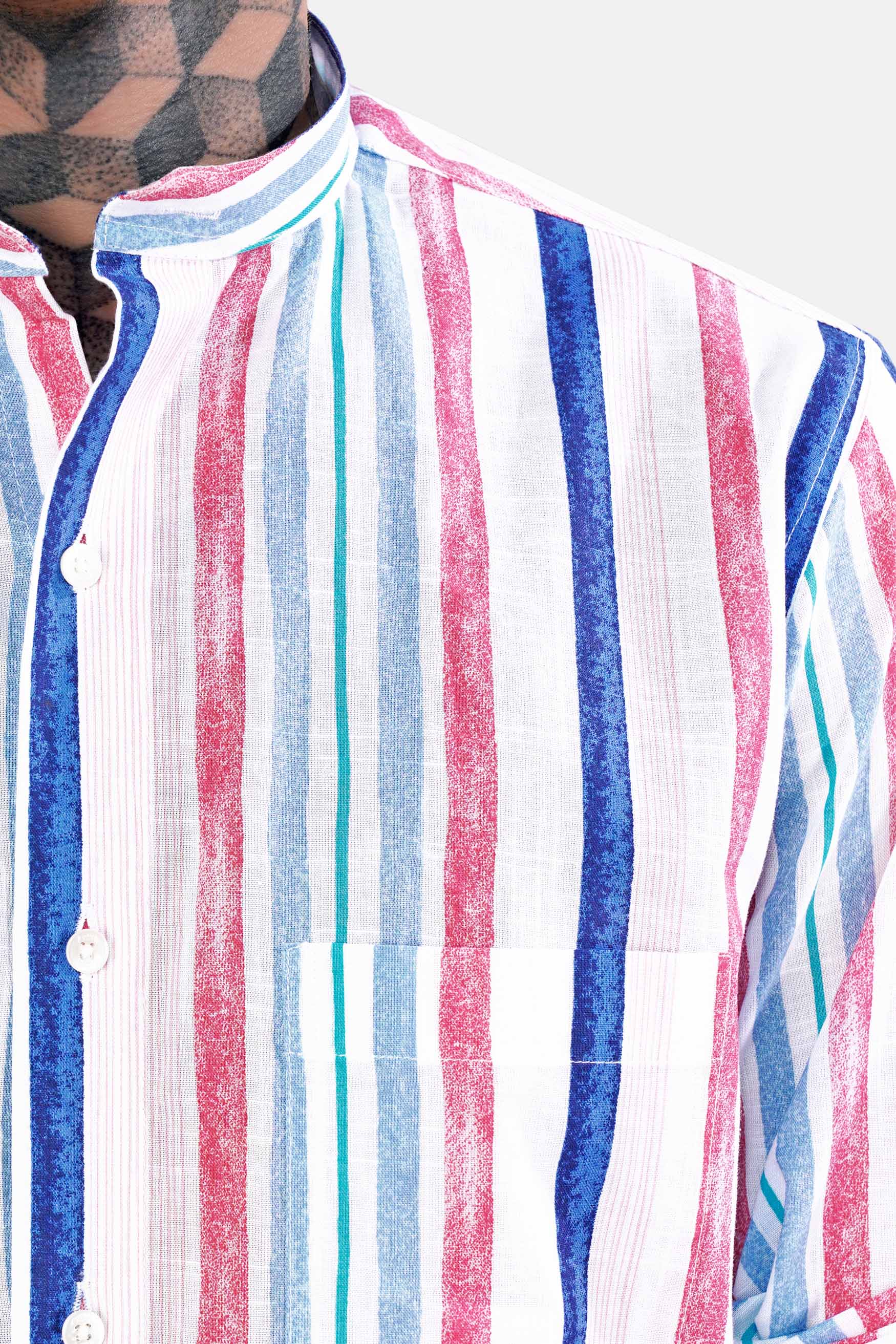 Bright White with Yale Blue and Cerise Pink Multicolour Striped Chambray Shirt