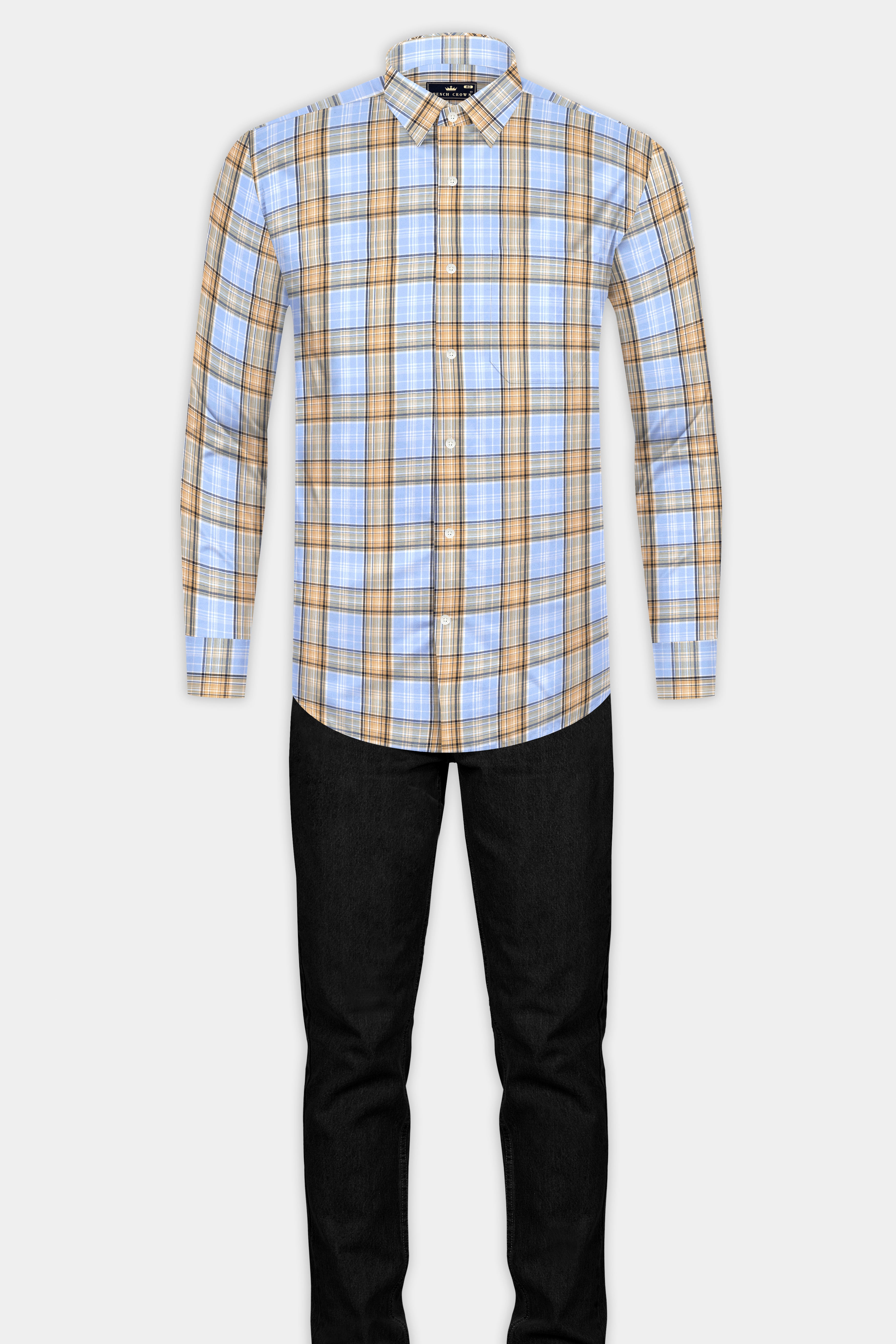 Perano Blue with Apache Brown Twill Plaid Premium Cotton Shirt