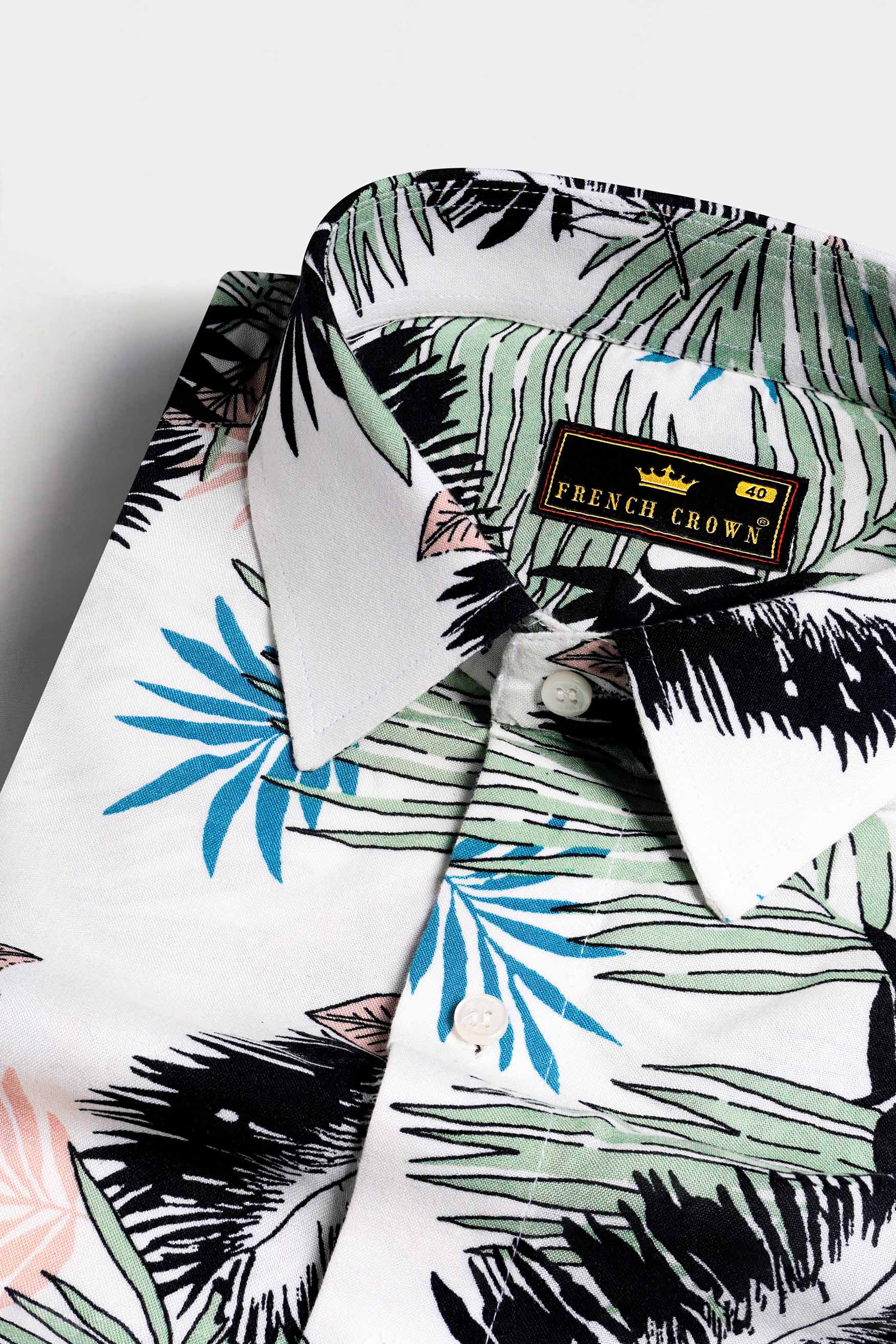 Bright White with Laurel Green and Black Tropical Printed Premium Tencel Shirt
