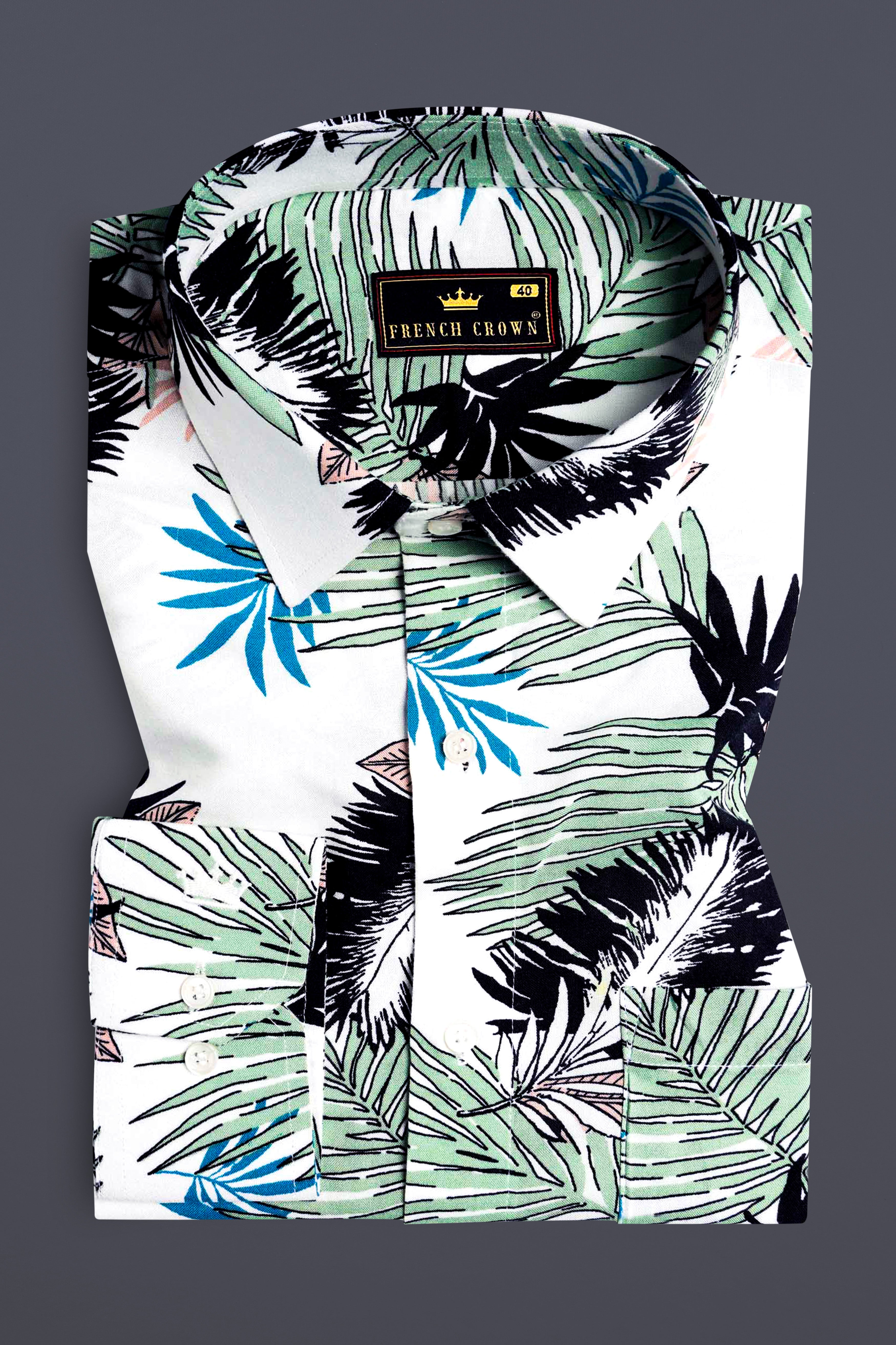 Bright White with Laurel Green and Black Tropical Printed Premium Tencel Shirt