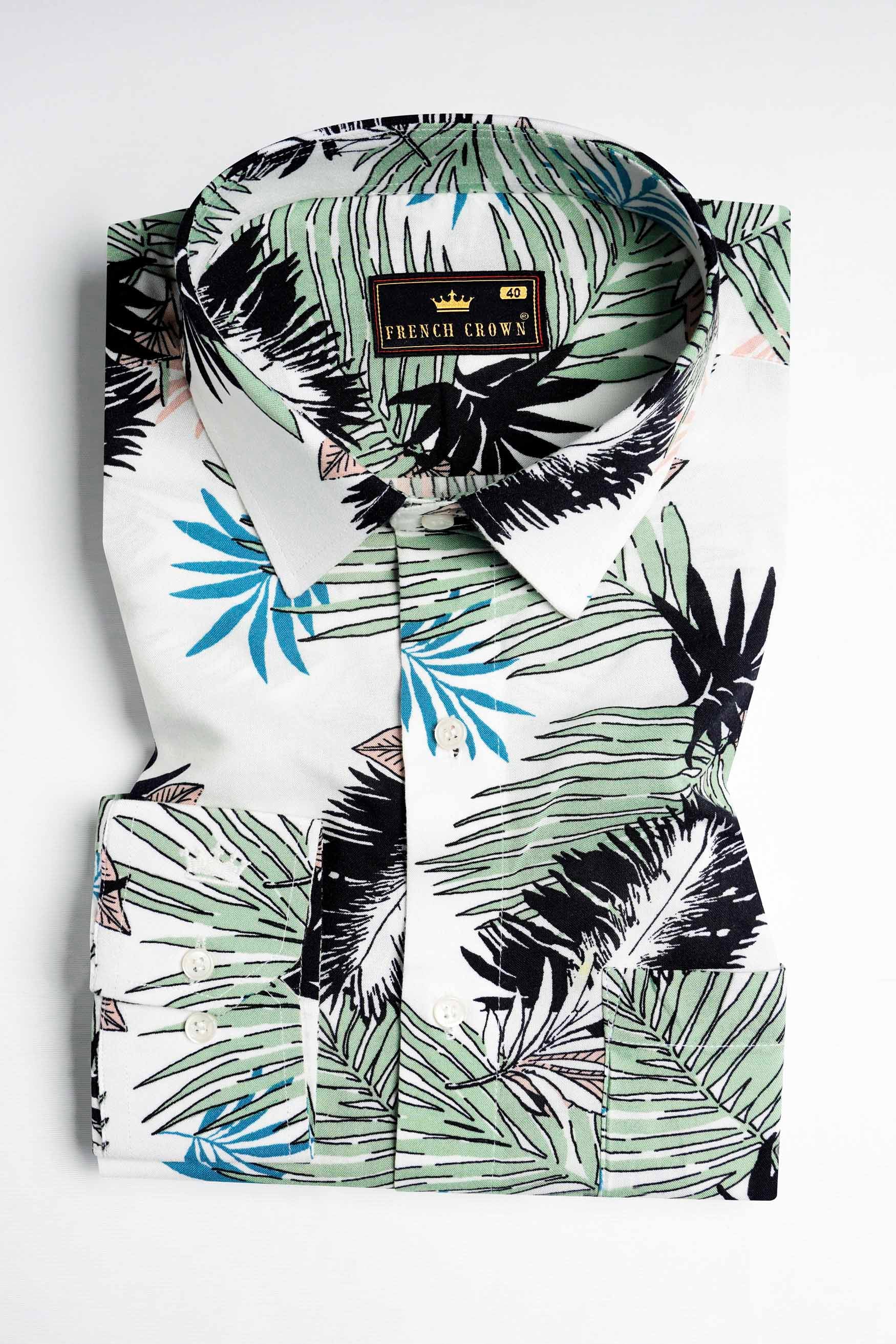 Bright White with Laurel Green and Black Tropical Printed Premium Tencel Shirt