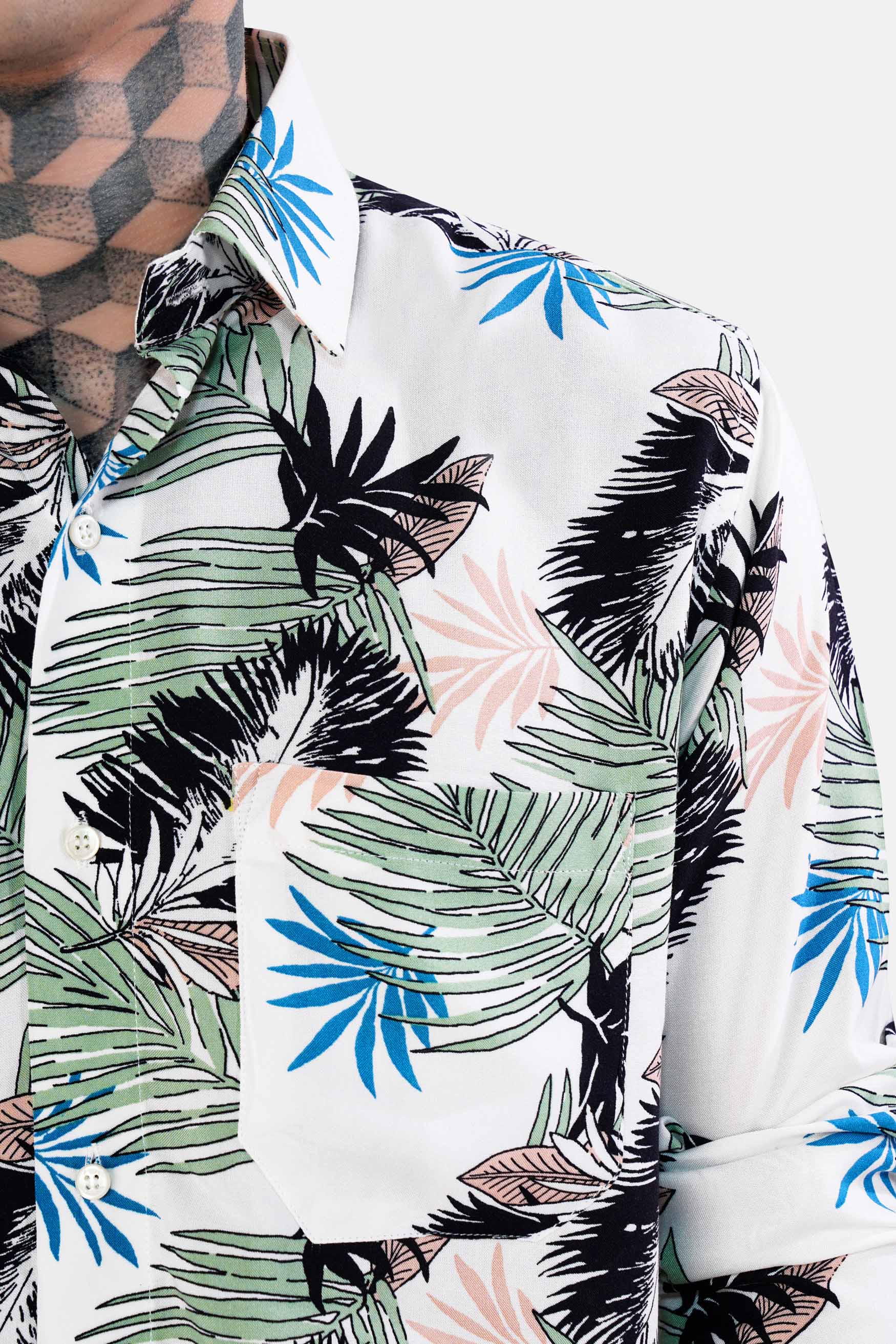 Bright White with Laurel Green and Black Tropical Printed Premium Tencel Shirt