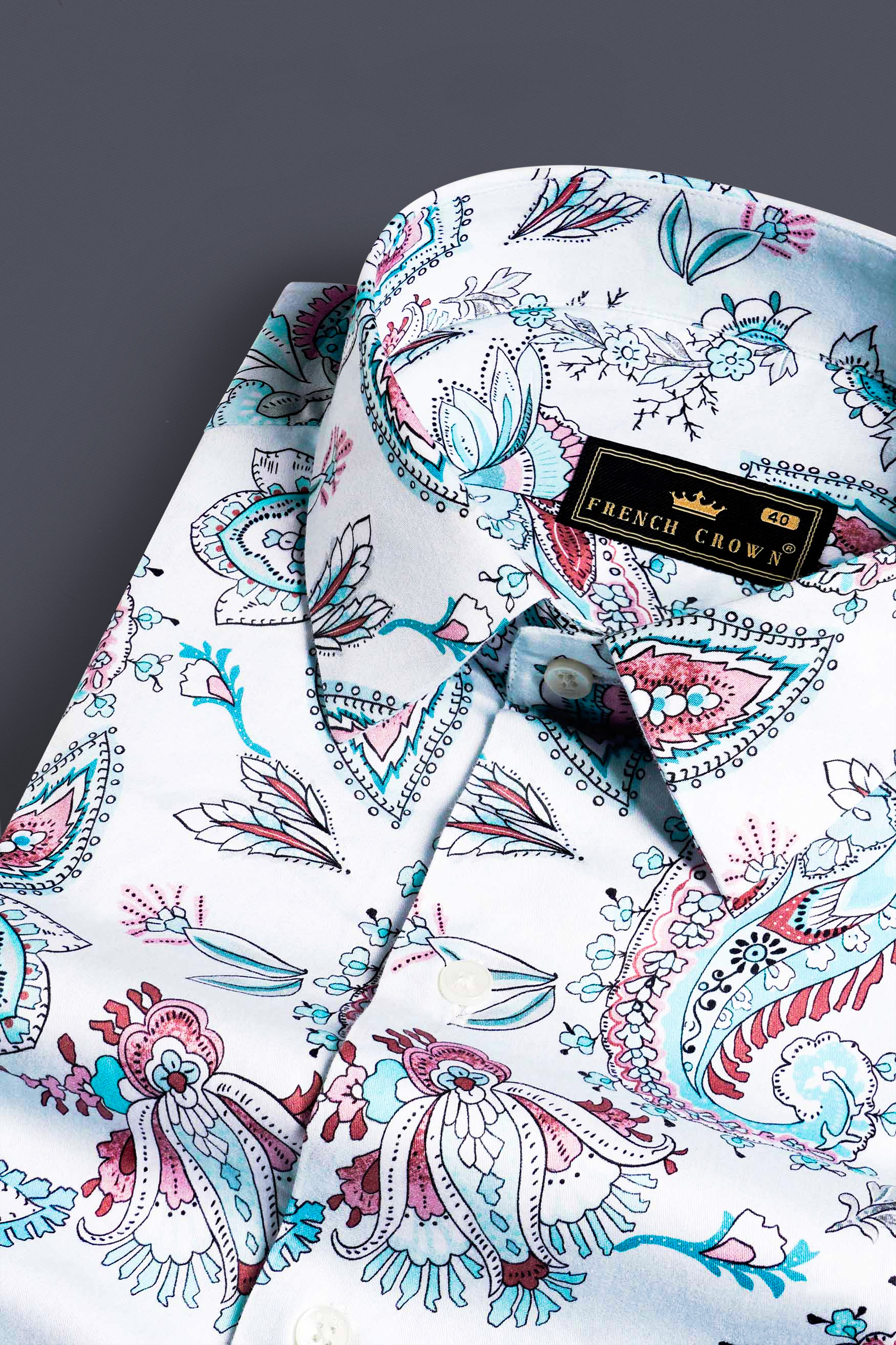 Bright White and Tiffany Blue Leaves Printed Subtle Sheen Super Soft Premium Cotton Shirt