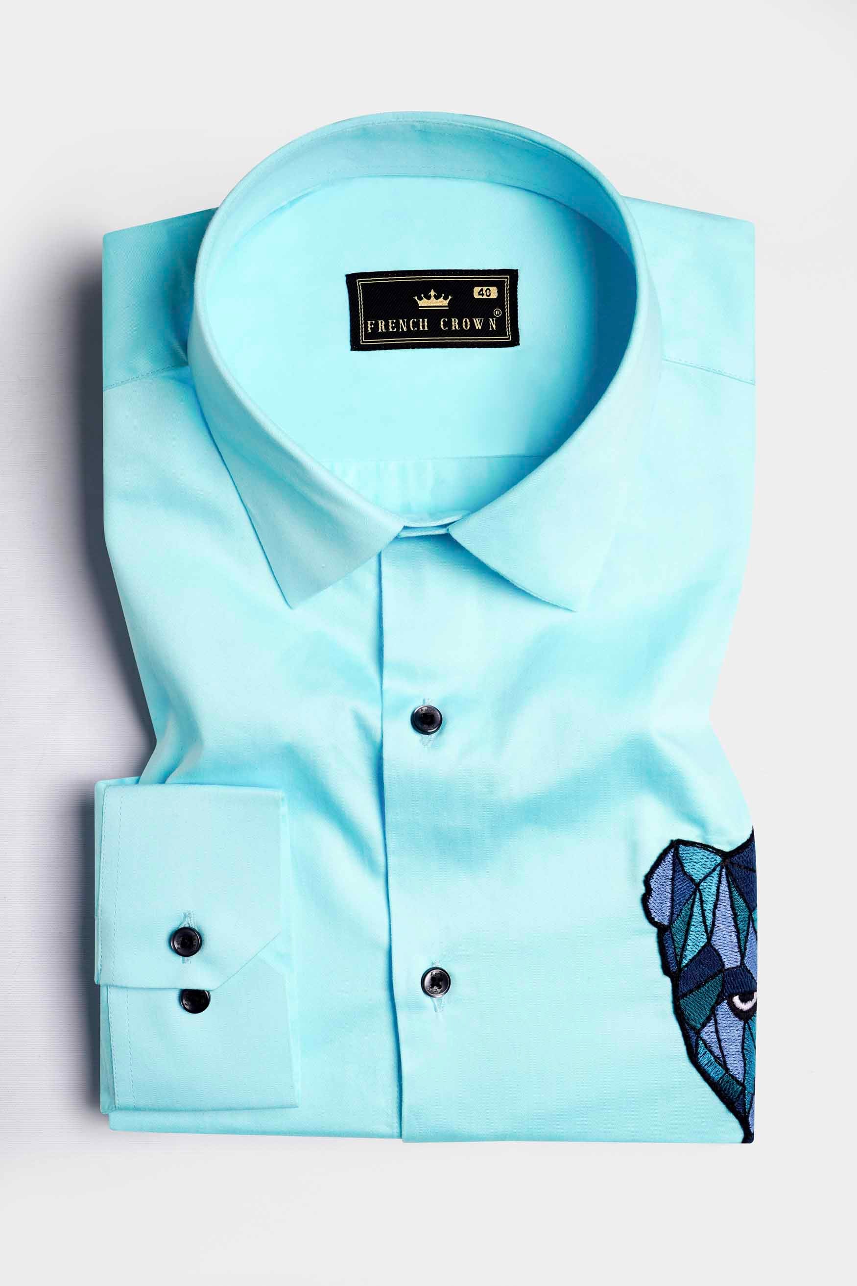 Blizzard Blue Tiger Embroidered Subtle Sheen Super Soft Premium Cotton Designer Shirt