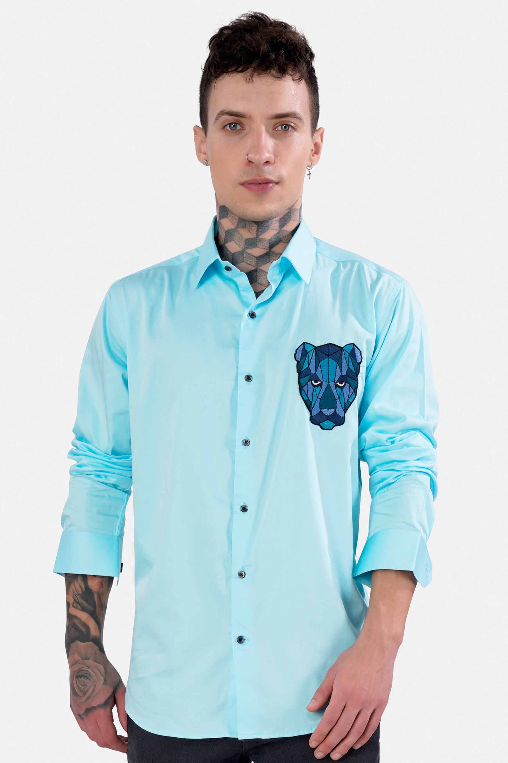 Blizzard Blue Tiger Embroidered Subtle Sheen Super Soft Premium Cotton Designer Shirt