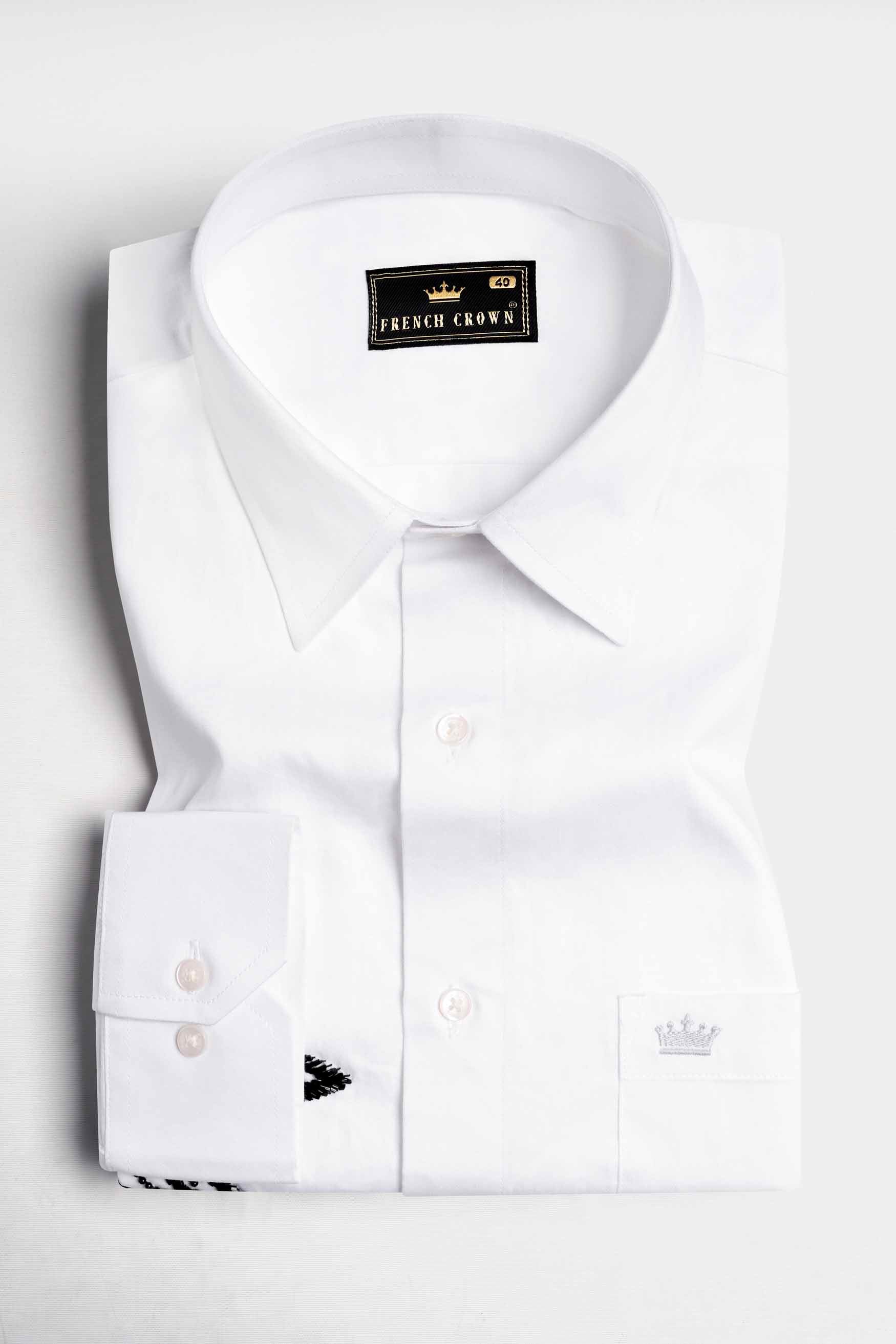 Bright White Floral Hand Stitched with Tikki Work Subtle Sheen Super Soft Premium Cotton Designer Shirt