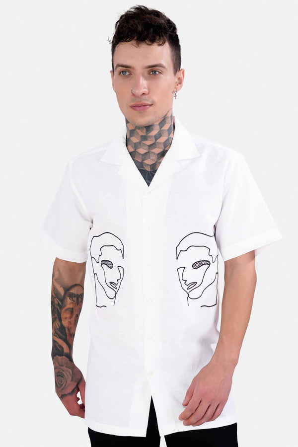 Bright White Faces Embroidered Luxurious Linen Designer Shirt