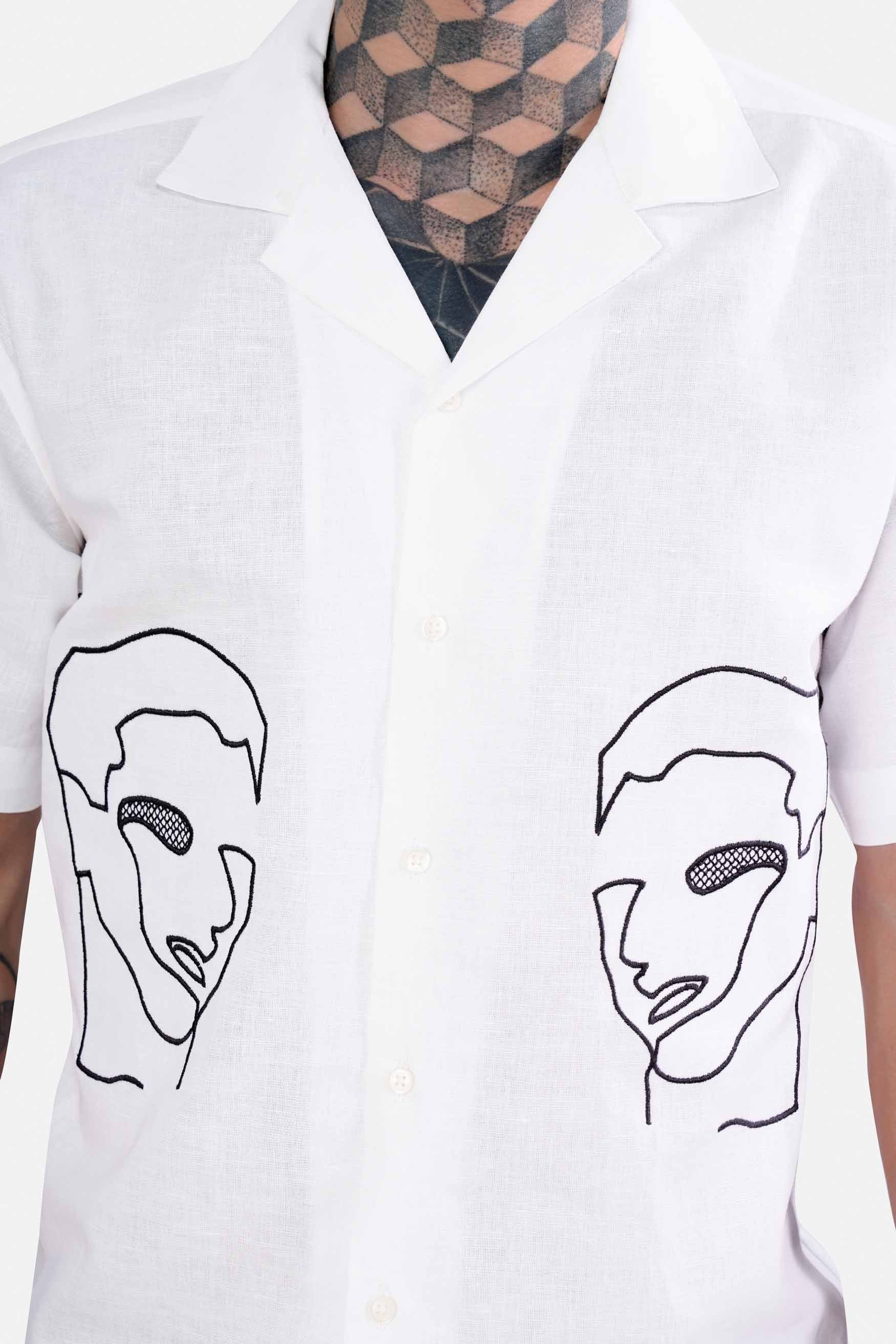 Bright White Faces Embroidered Luxurious Linen Designer Shirt
