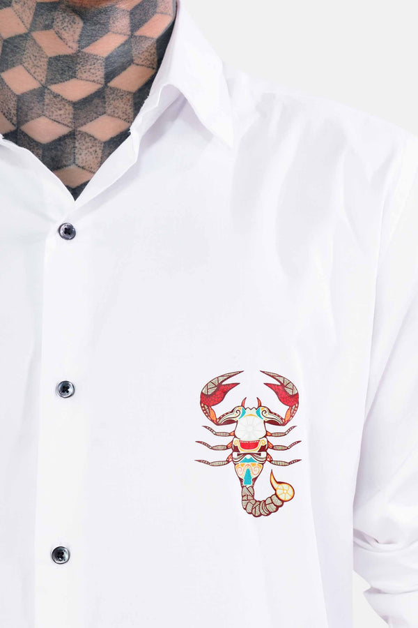 Bright White Scorpion Printed Subtle Sheen Super Soft Premium Cotton Designer Shirt