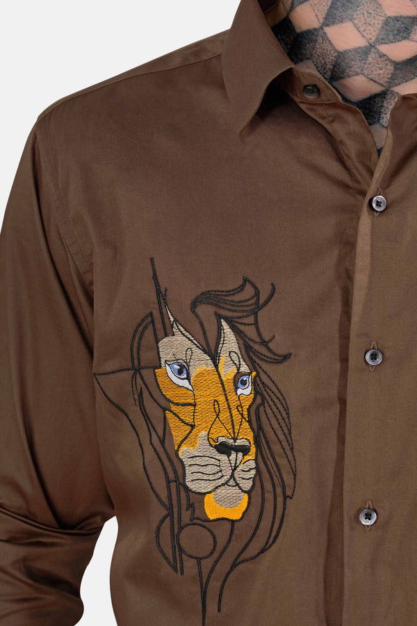 Iroko Brown Lion Embroidered Subtle Sheen Super Soft Premium Cotton Designer Shirt