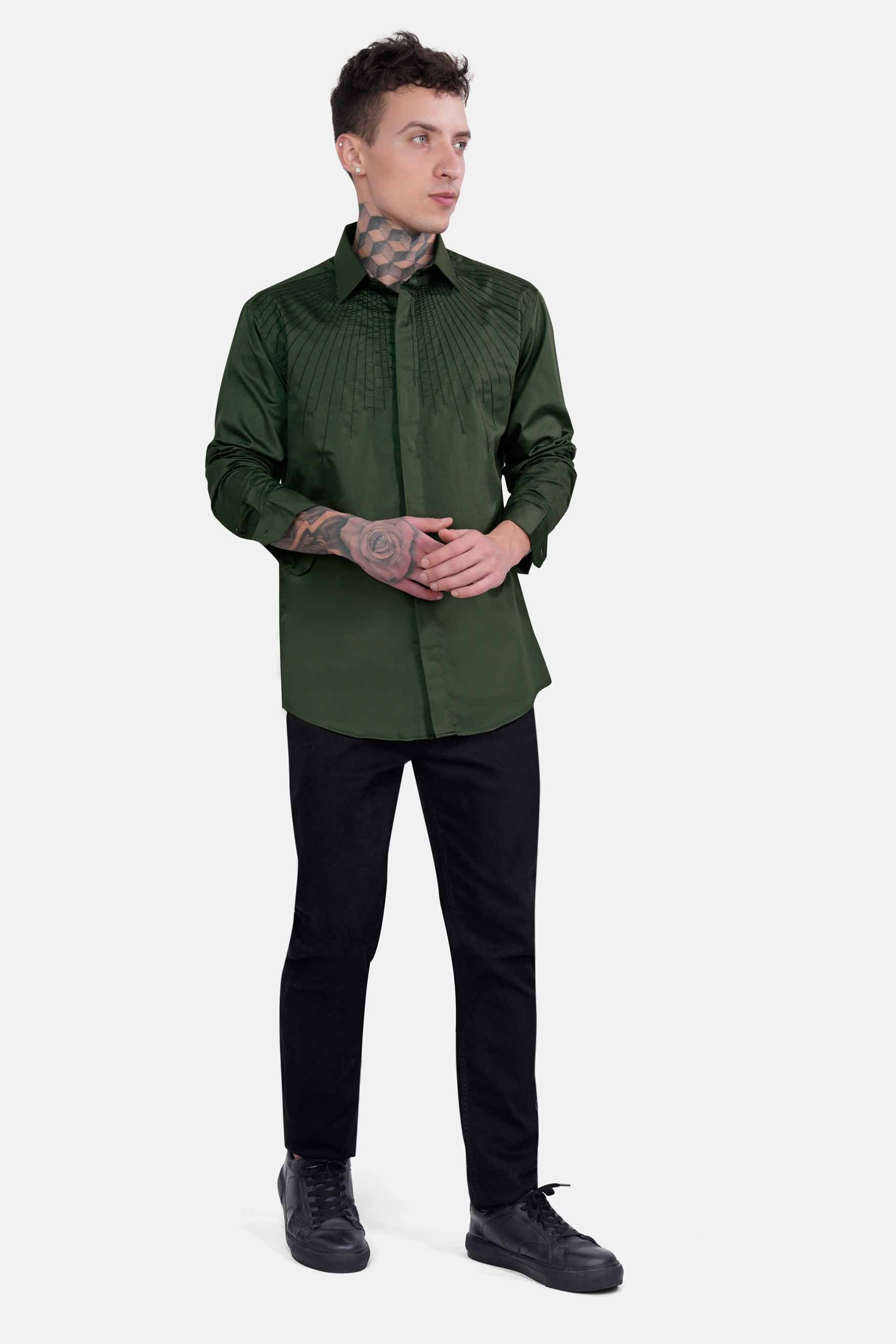 Pine Green Embroidered Subtle Sheen Super Soft Premium Cotton Designer Shirt