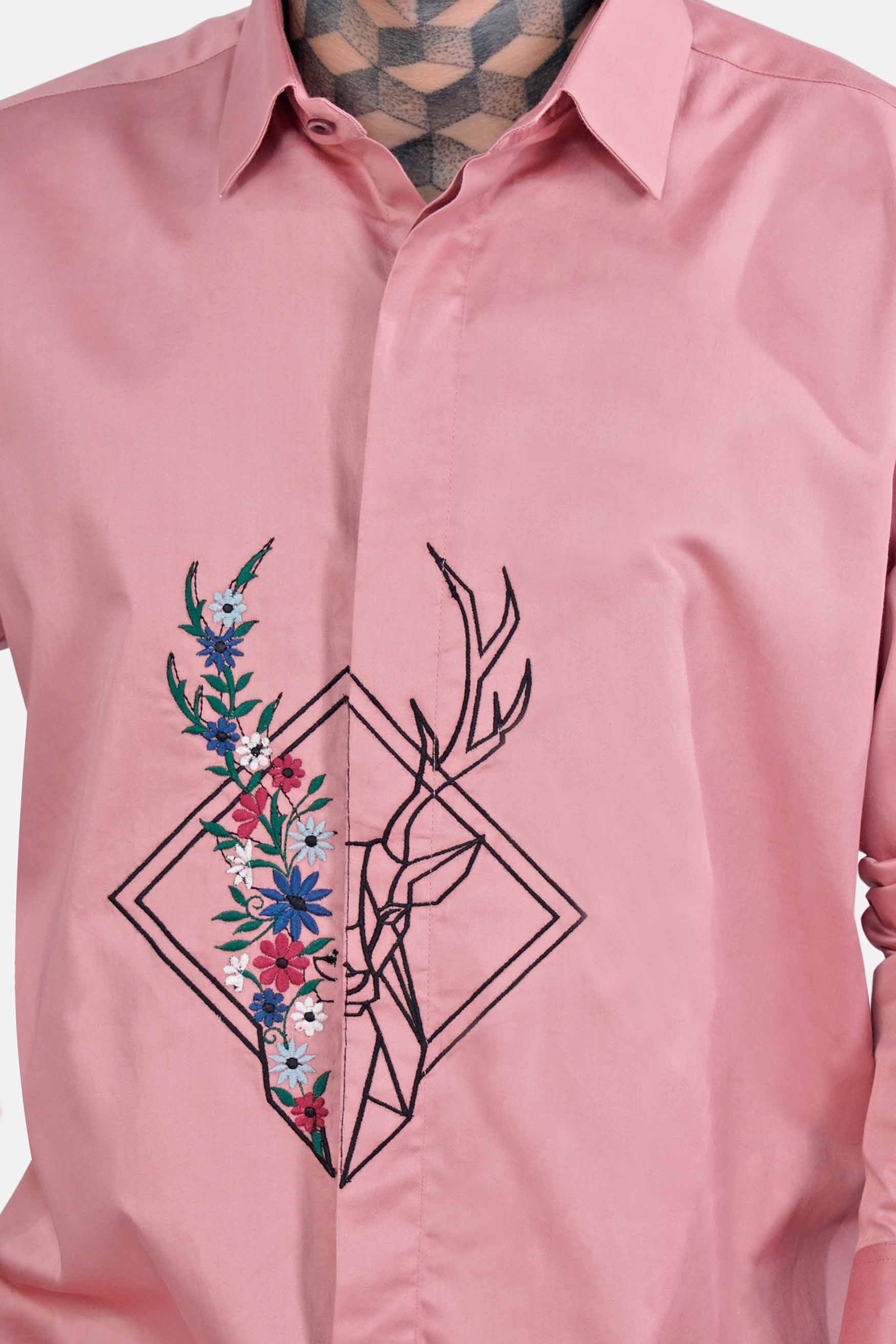 Kawai Pink Half Deer and Half Floral Embroidered Super Soft Premium Cotton Designer Shirt