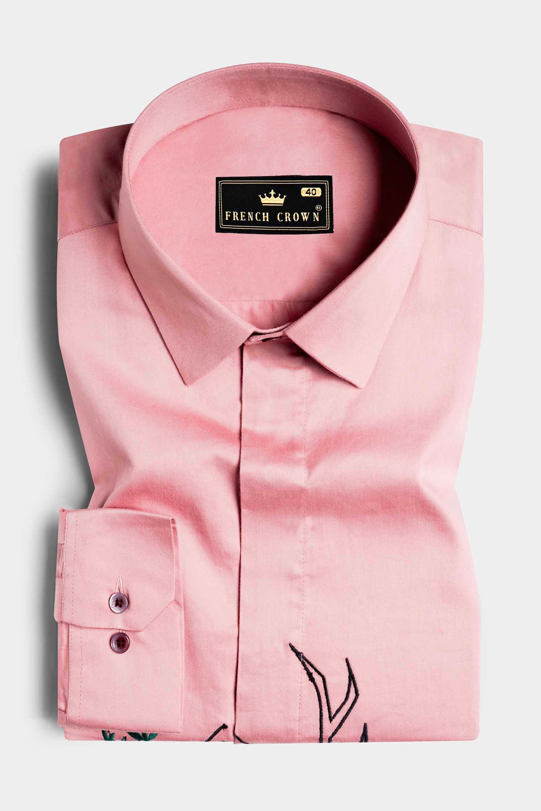 Kawai Pink Half Deer and Half Floral Embroidered Super Soft Premium Cotton Designer Shirt