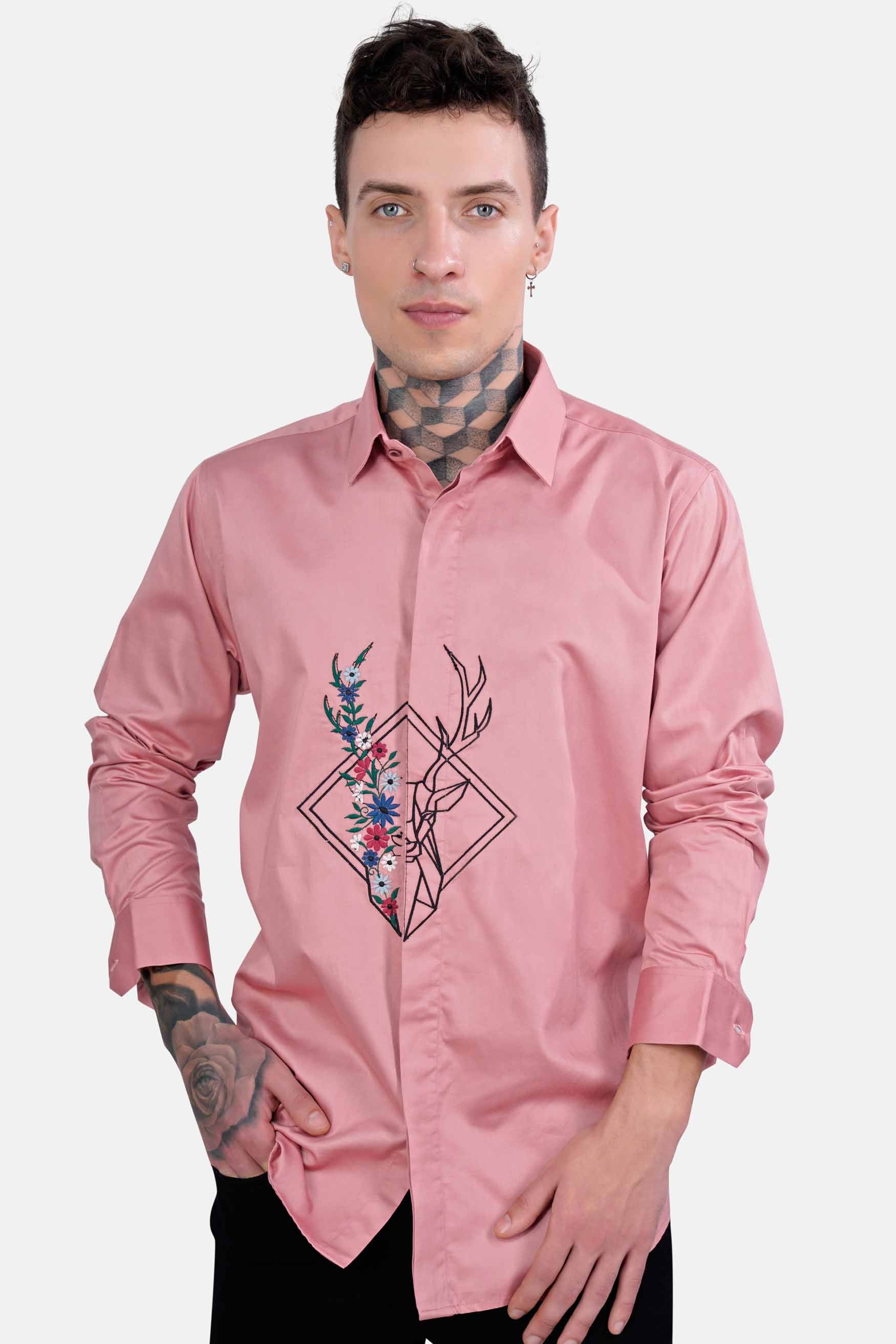 Kawai Pink Half Deer and Half Floral Embroidered Super Soft Premium Cotton Designer Shirt