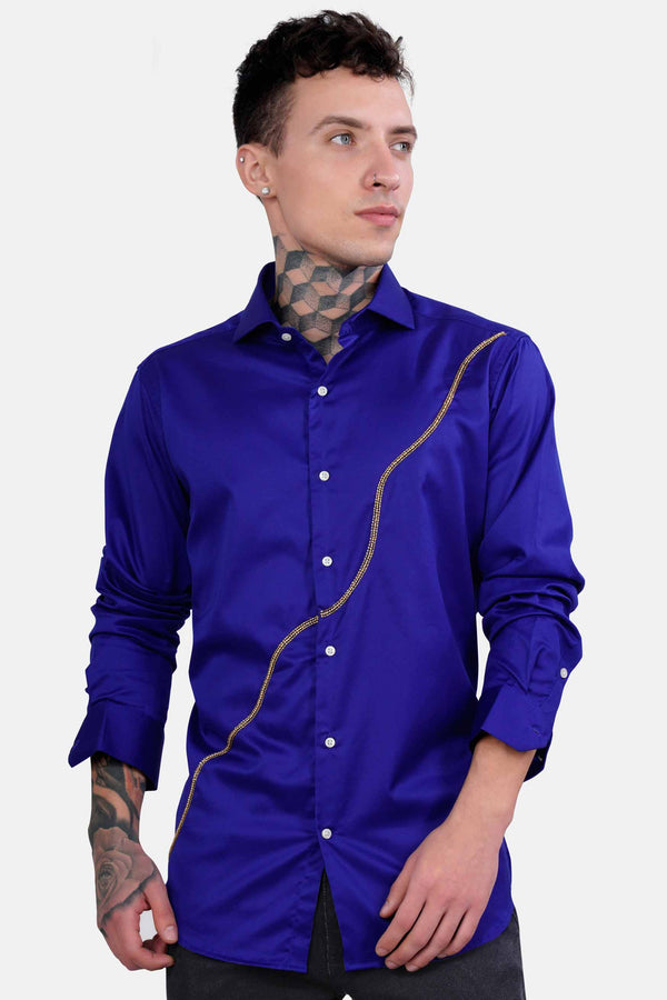 Indigo Blue Embroidered Subtle Sheen Super Soft Premium Cotton Designer Shirt