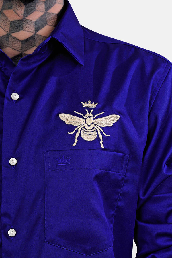 Admiral Blue Honey Bee Embroidered Subtle Sheen Super Soft Premium Cotton Designer Shirt