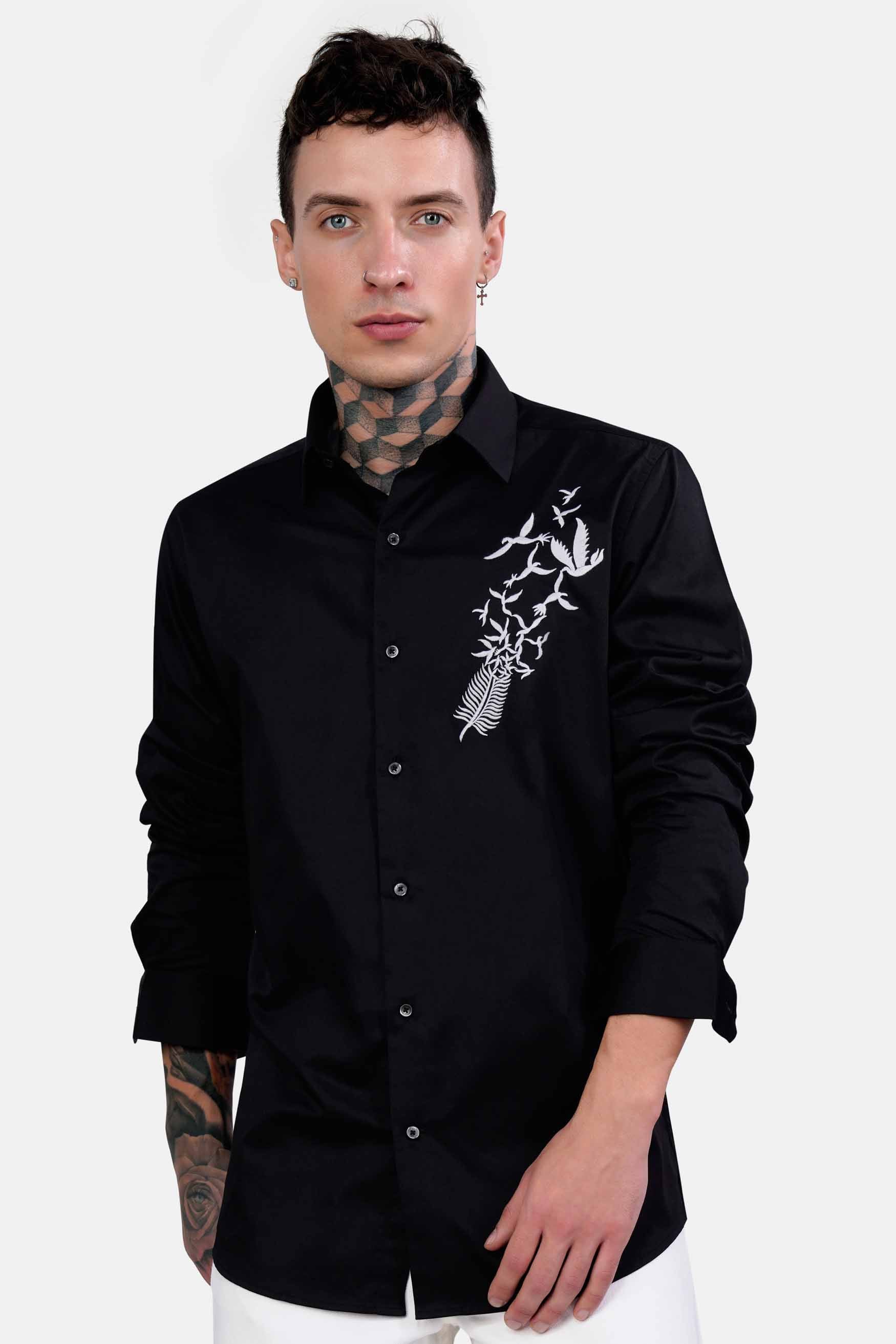 Jade Black Birds Embroidered Subtle Sheen Super Soft Premium Cotton Designer Shirt