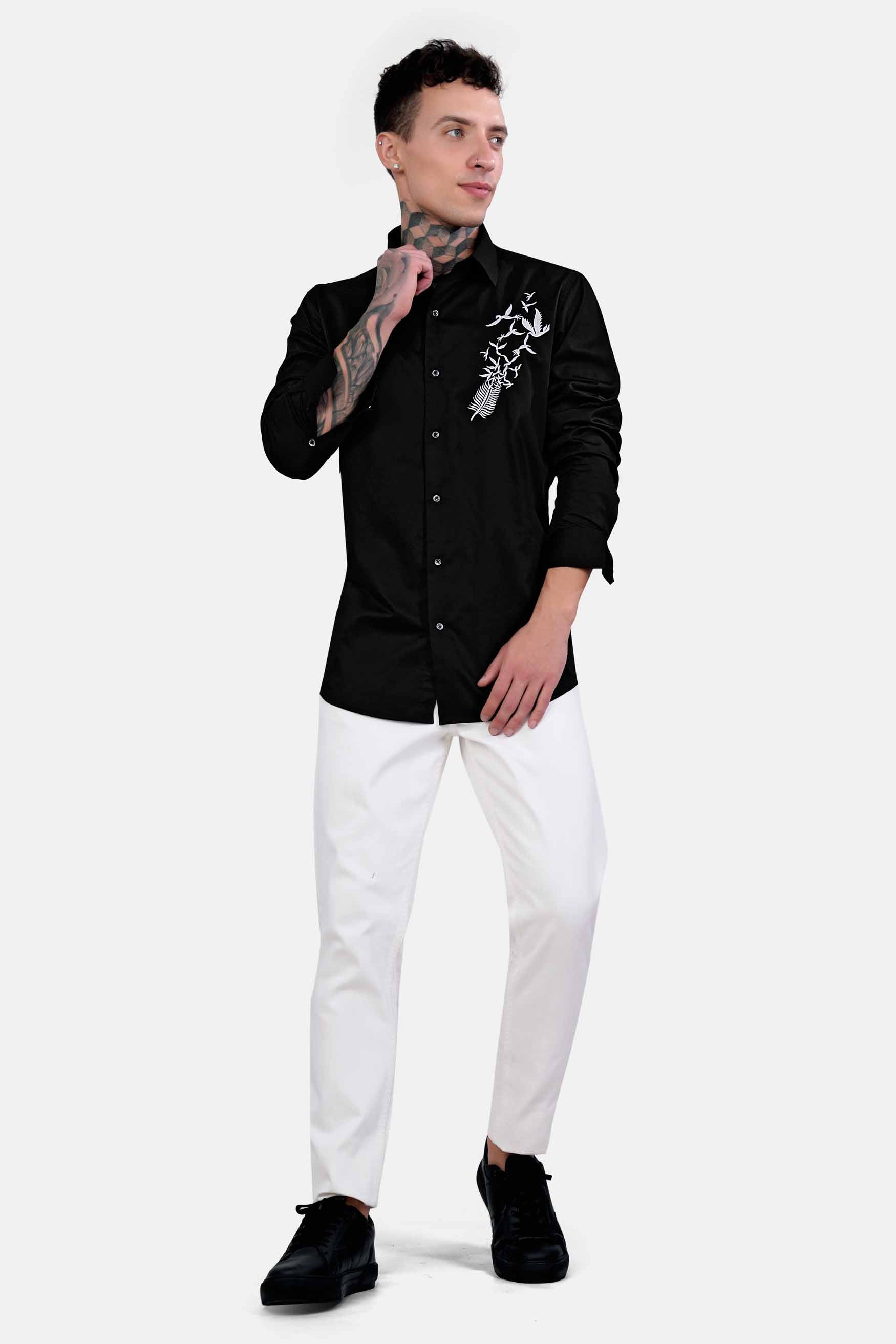 Jade Black Birds Embroidered Subtle Sheen Super Soft Premium Cotton Designer Shirt