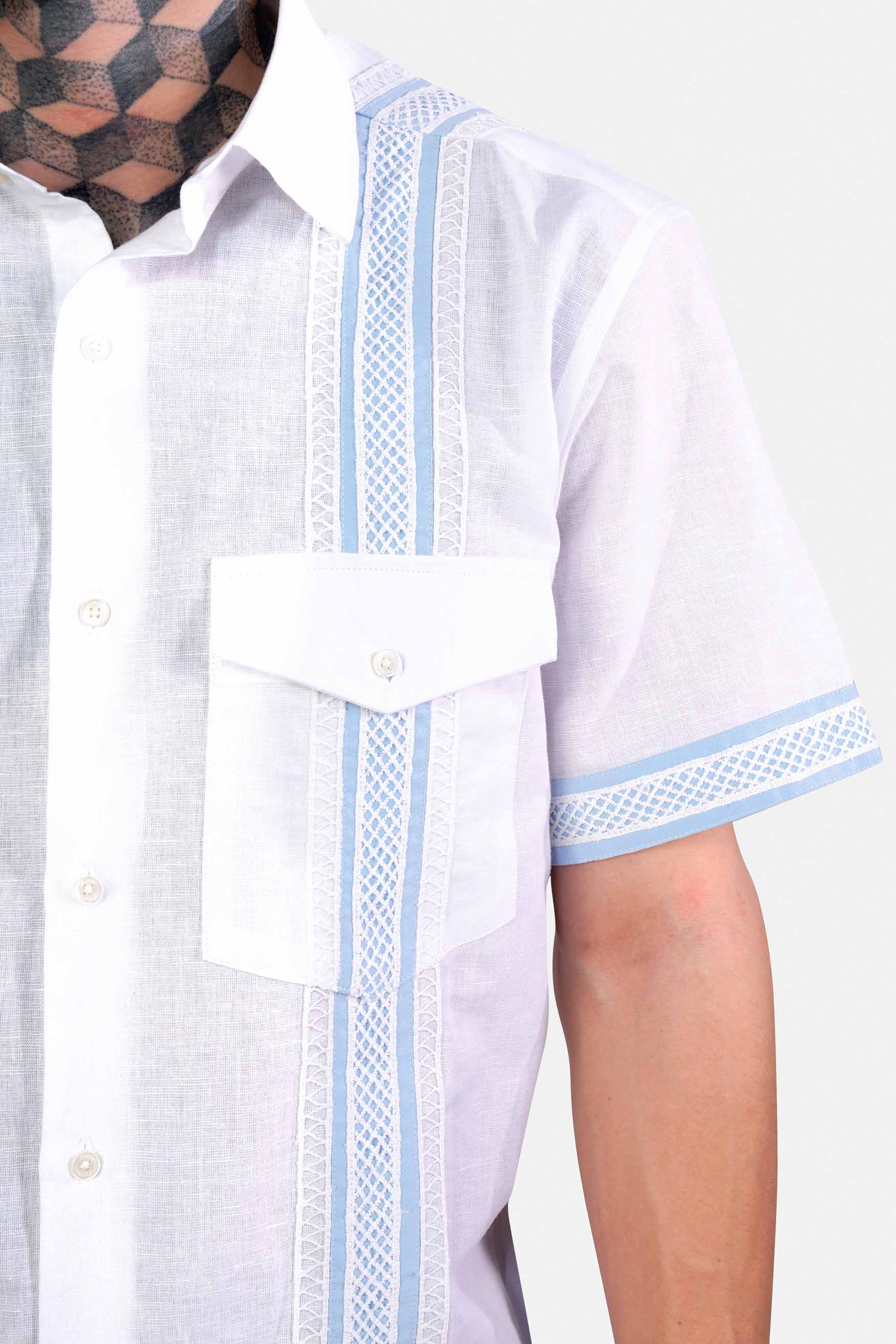 Bright White and Geyser Blue Luxurious Linen Designer Shirt