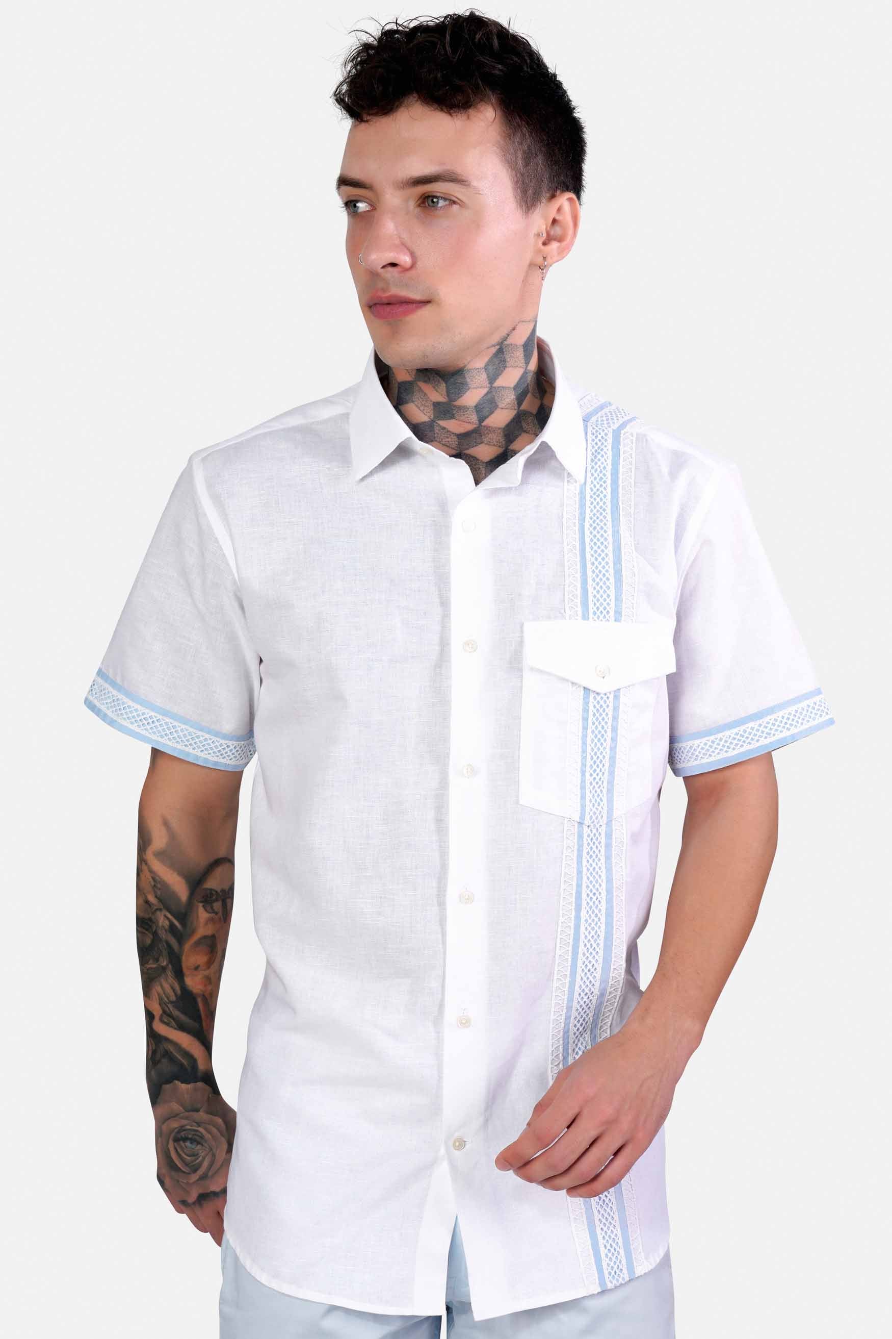 Bright White and Geyser Blue Luxurious Linen Designer Shirt