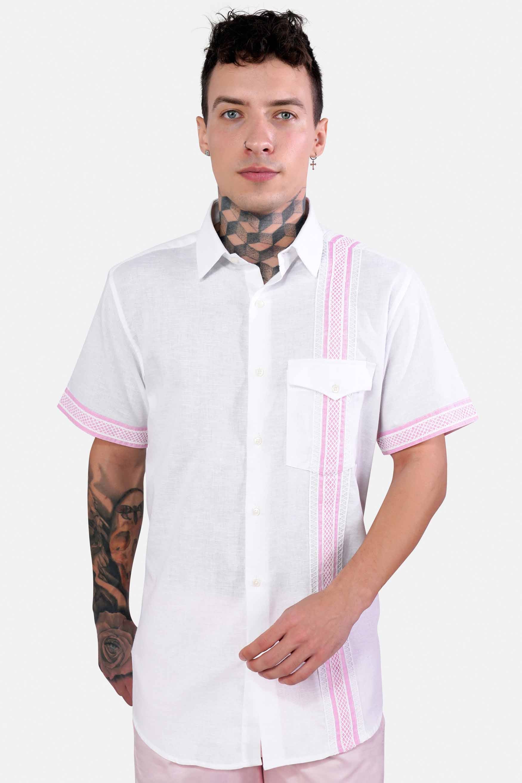 Bright White and Carnation Pink Luxurious Linen Designer Shirt
