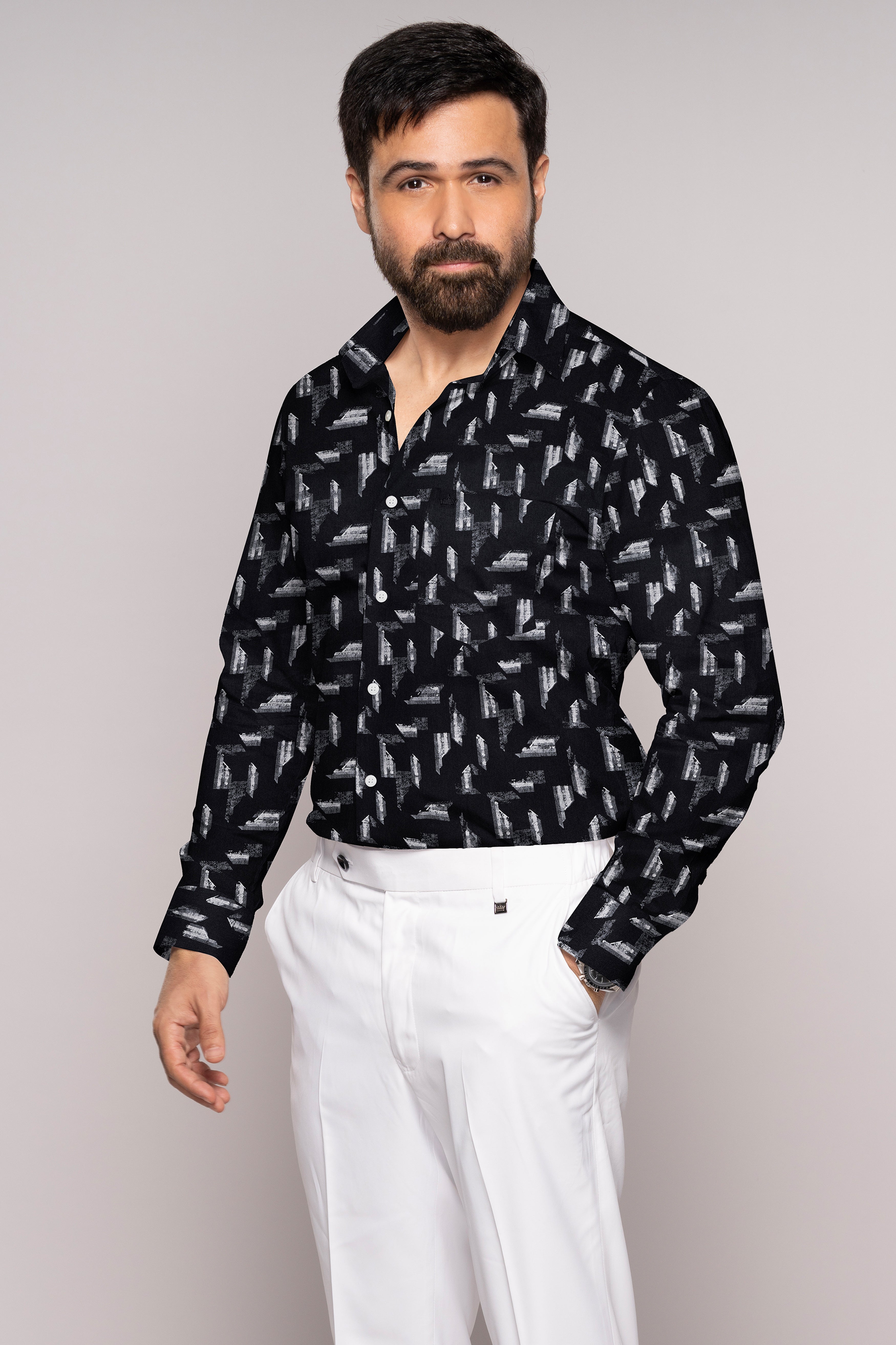 Jade Black and Regent Gray Printed Subtle Sheen Super Soft Premium Cotton Shirt