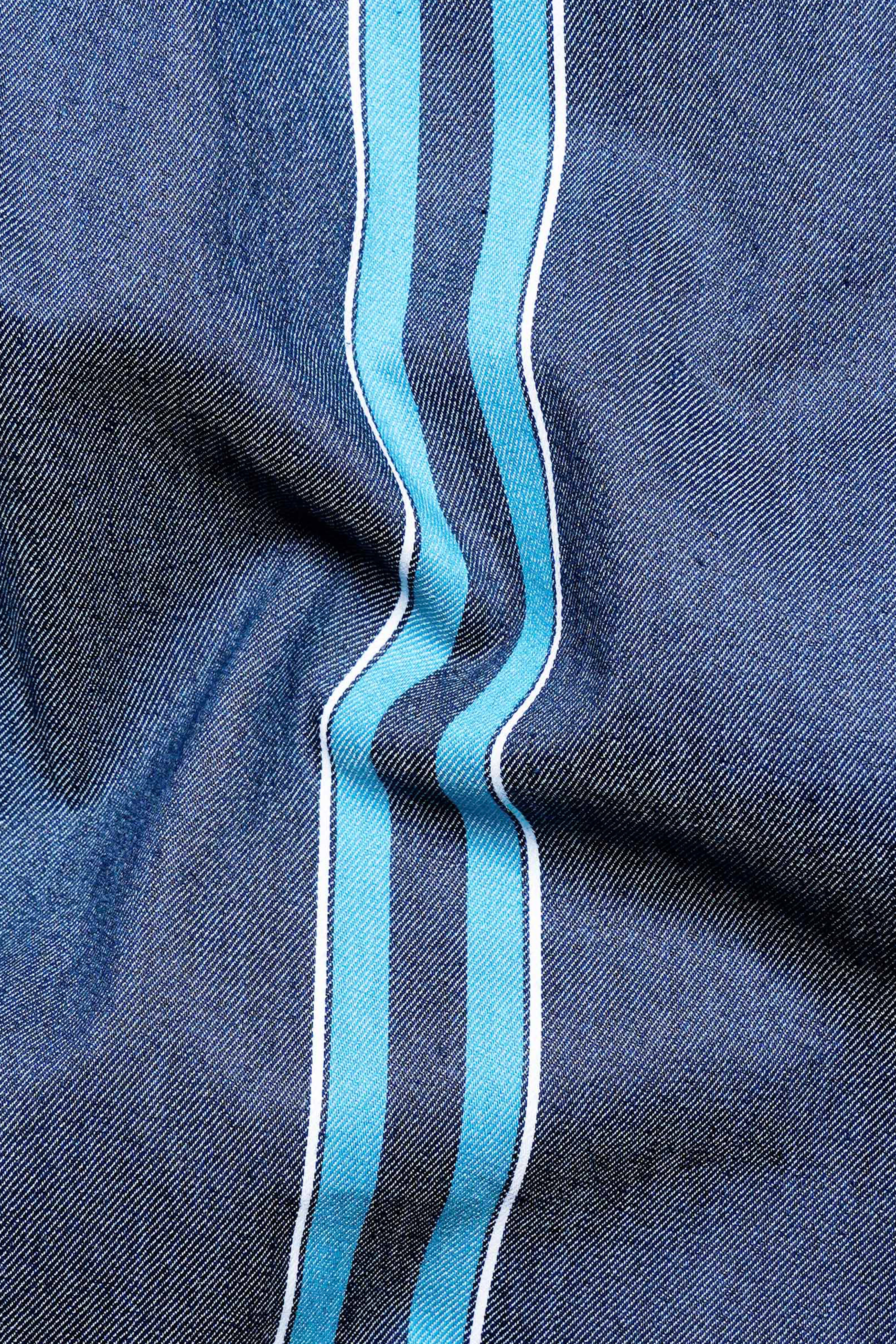 Fiord Blue and Cerulean Blue Striped Indigo Denim Shirt