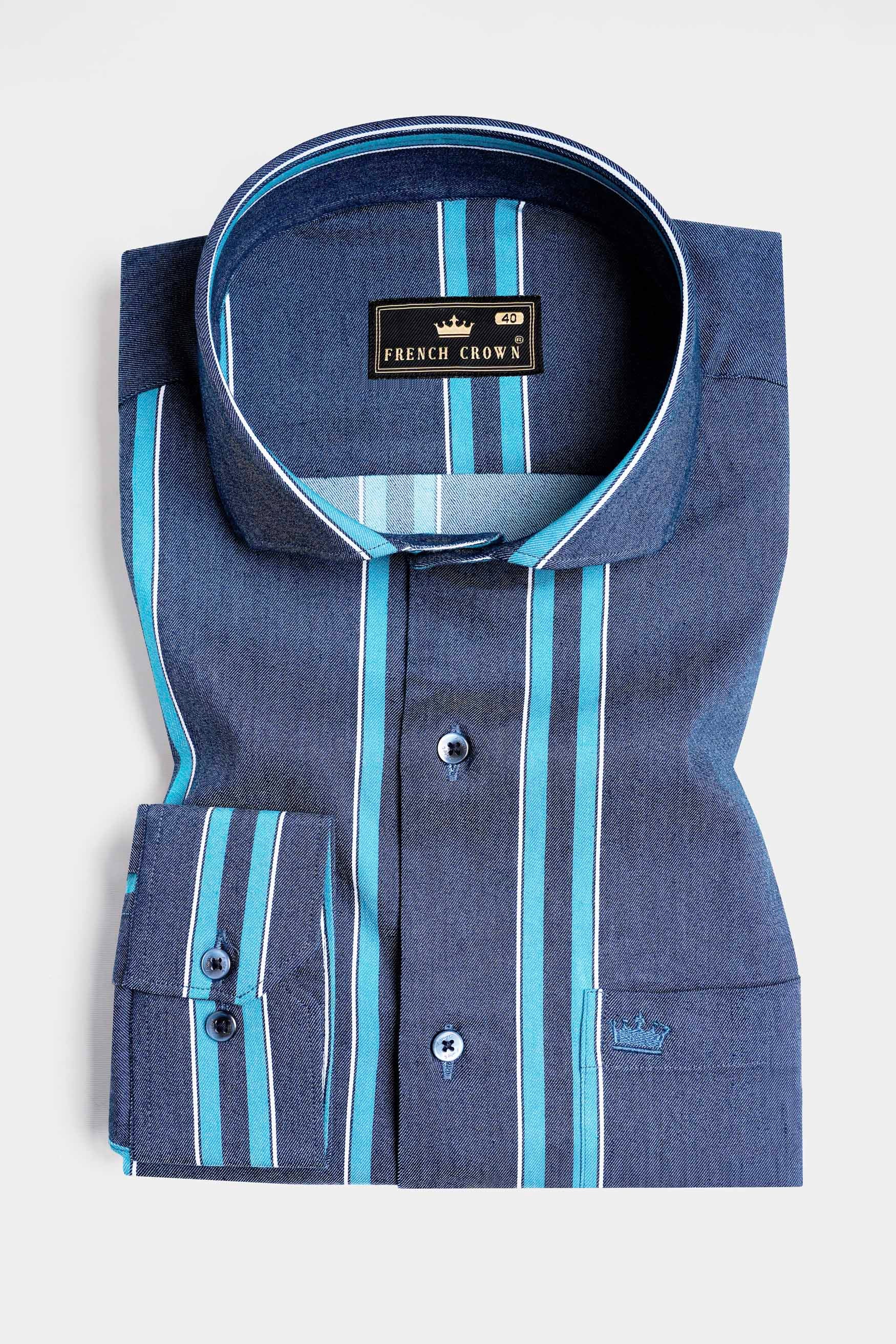 Fiord Blue and Cerulean Blue Striped Indigo Denim Shirt