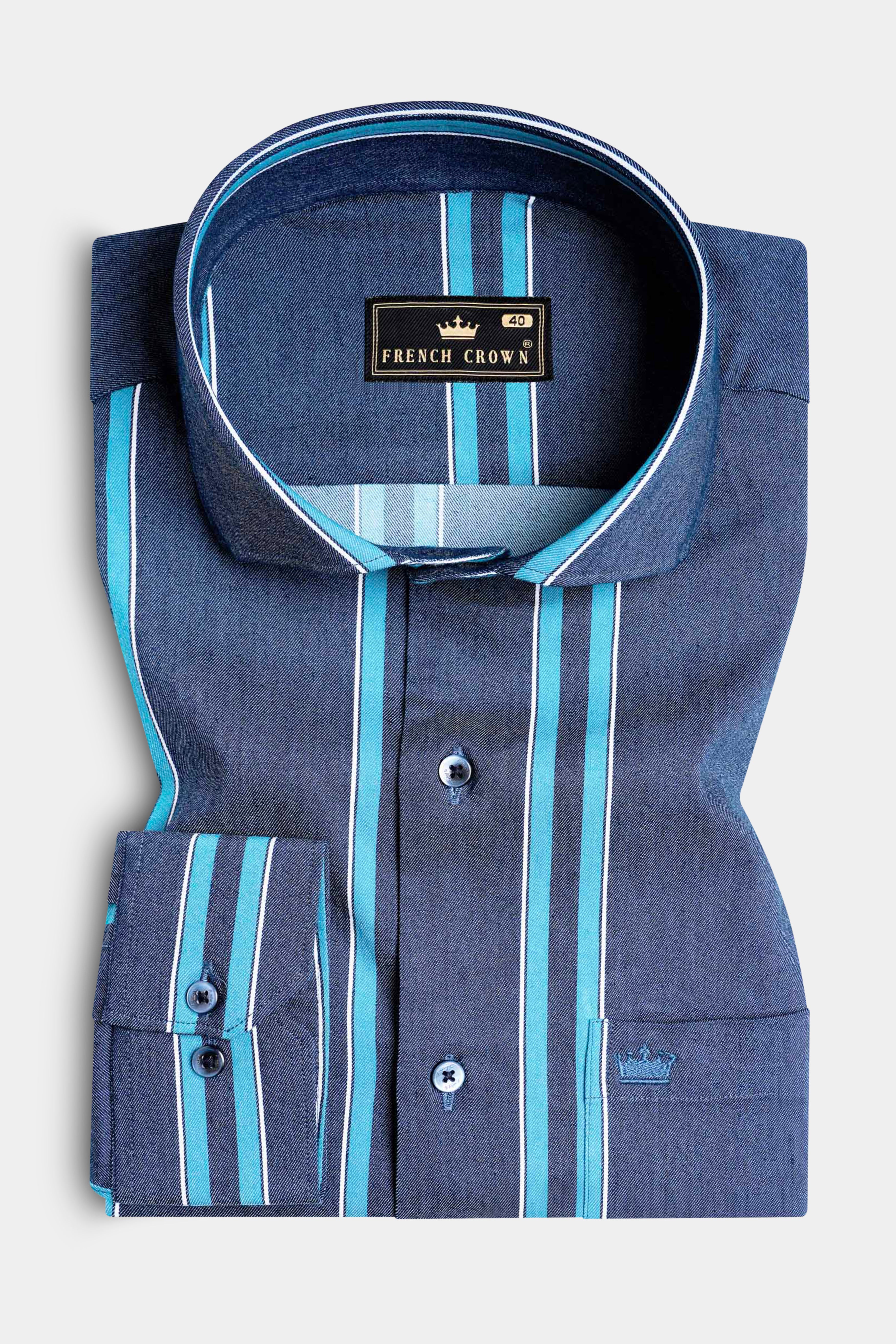 Fiord Blue and Cerulean Blue Striped Indigo Denim Shirt