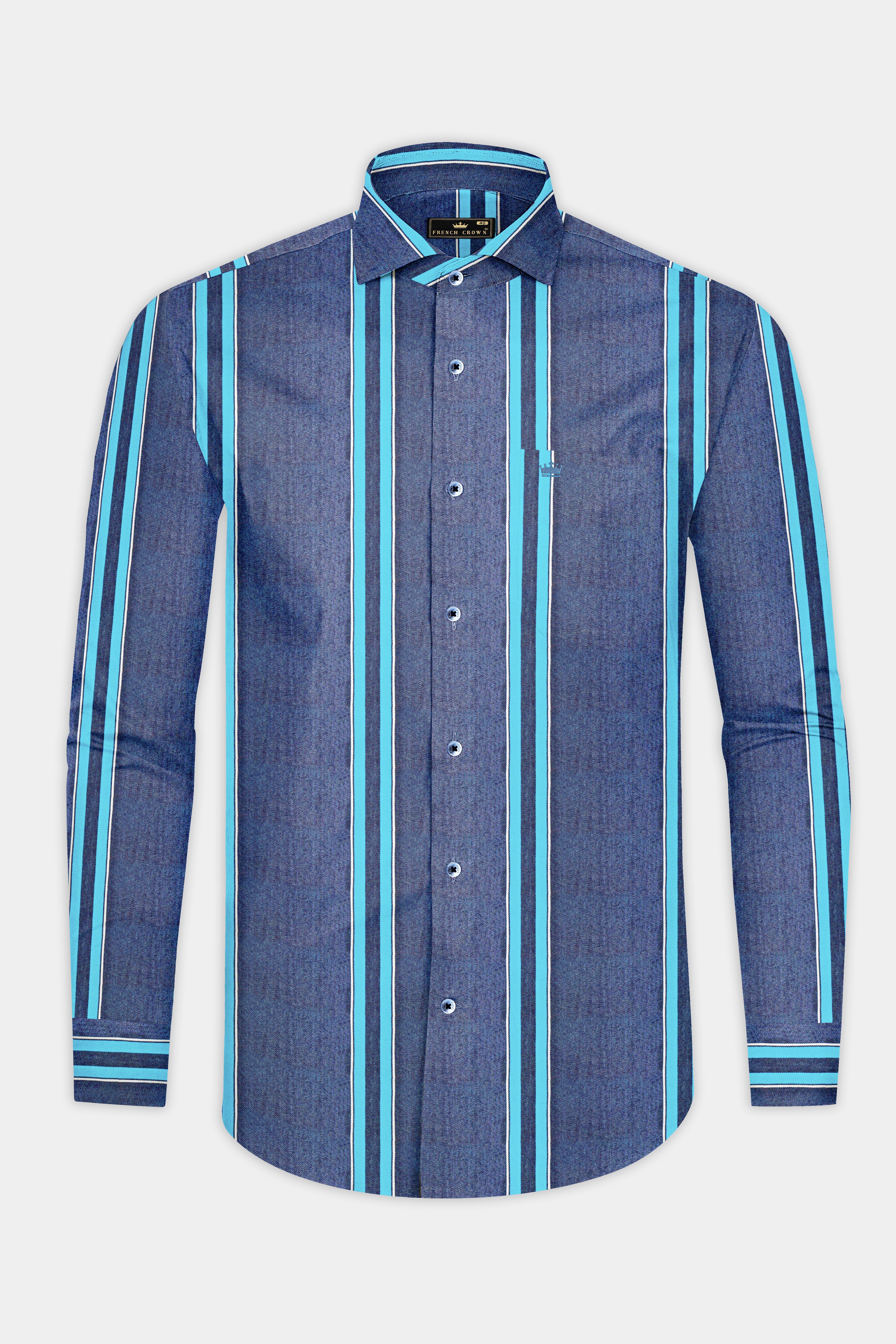 Fiord Blue and Cerulean Blue Striped Indigo Denim Shirt