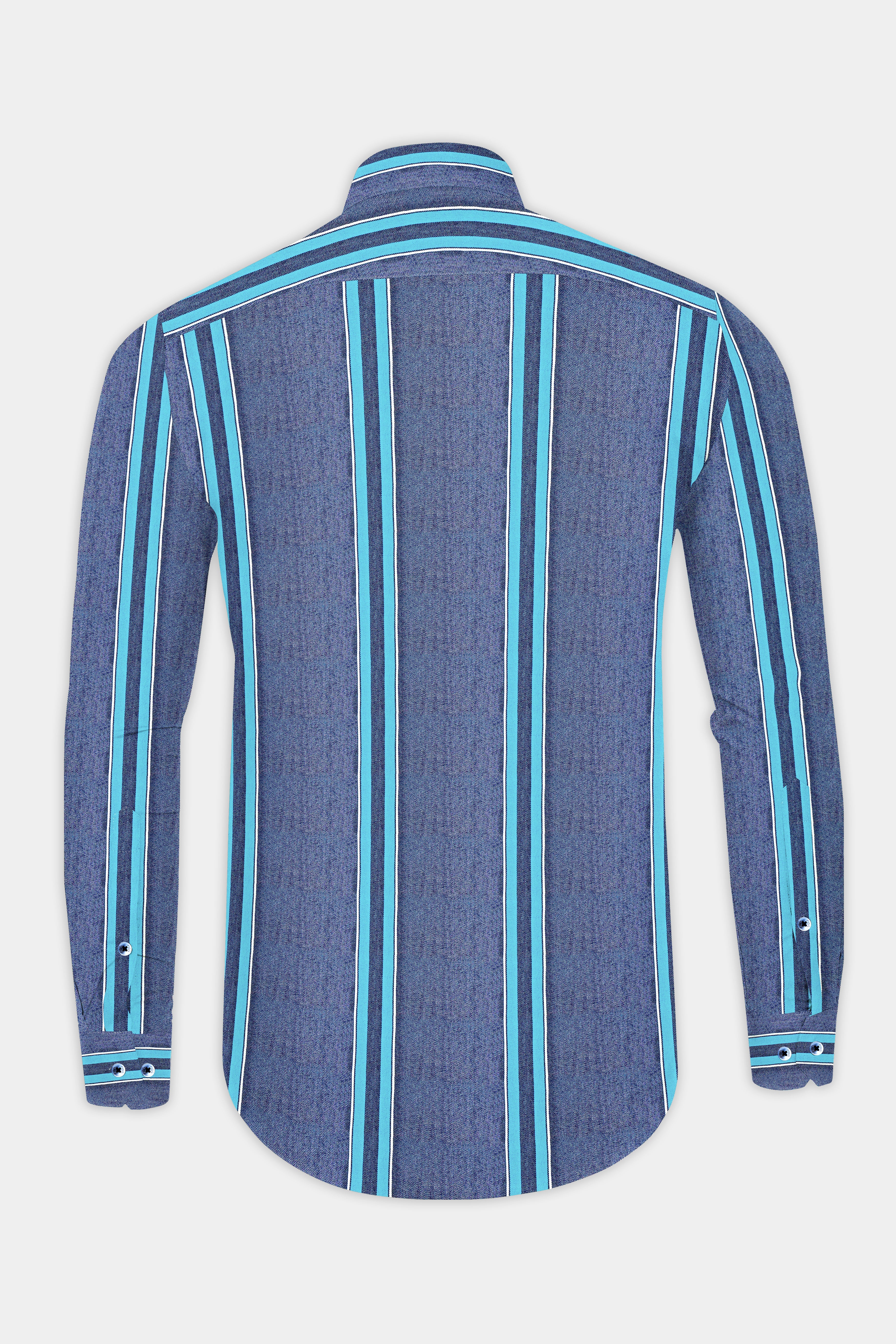 Fiord Blue and Cerulean Blue Striped Indigo Denim Shirt