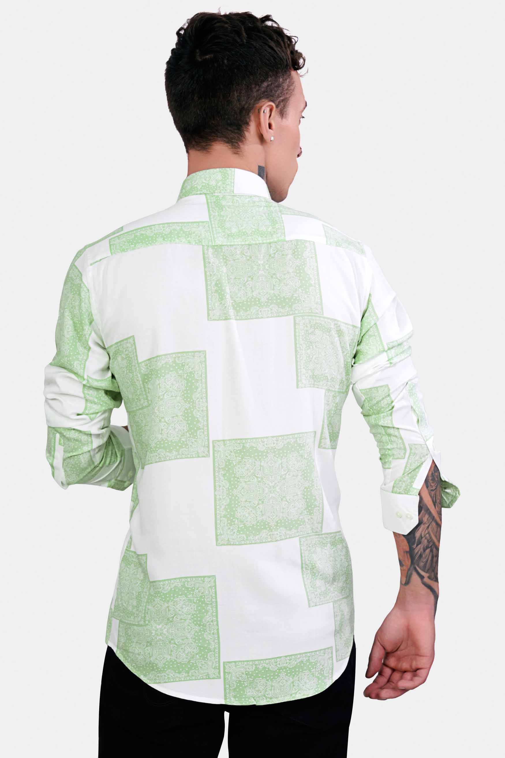 Bright White and Sage Green Paisley Printed Premium Tencel Shirt