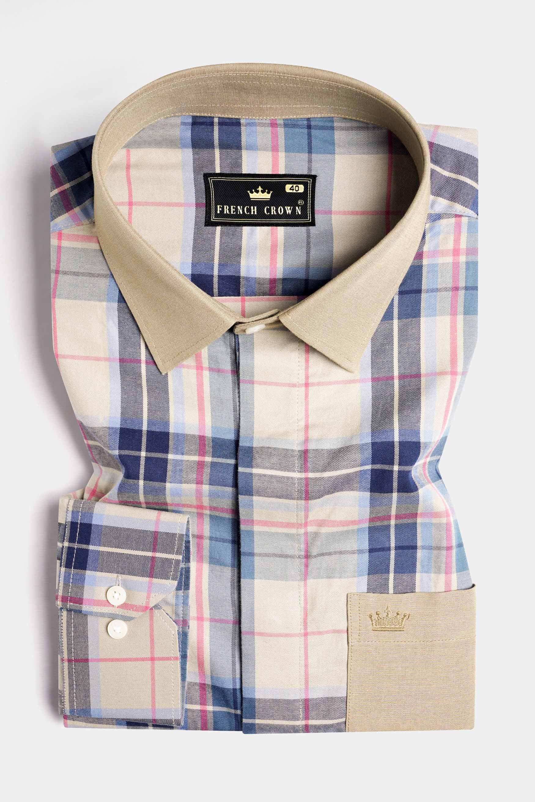 Shell Brown and Lapis Blue Twill Plaid Premium Cotton Designer Shirt