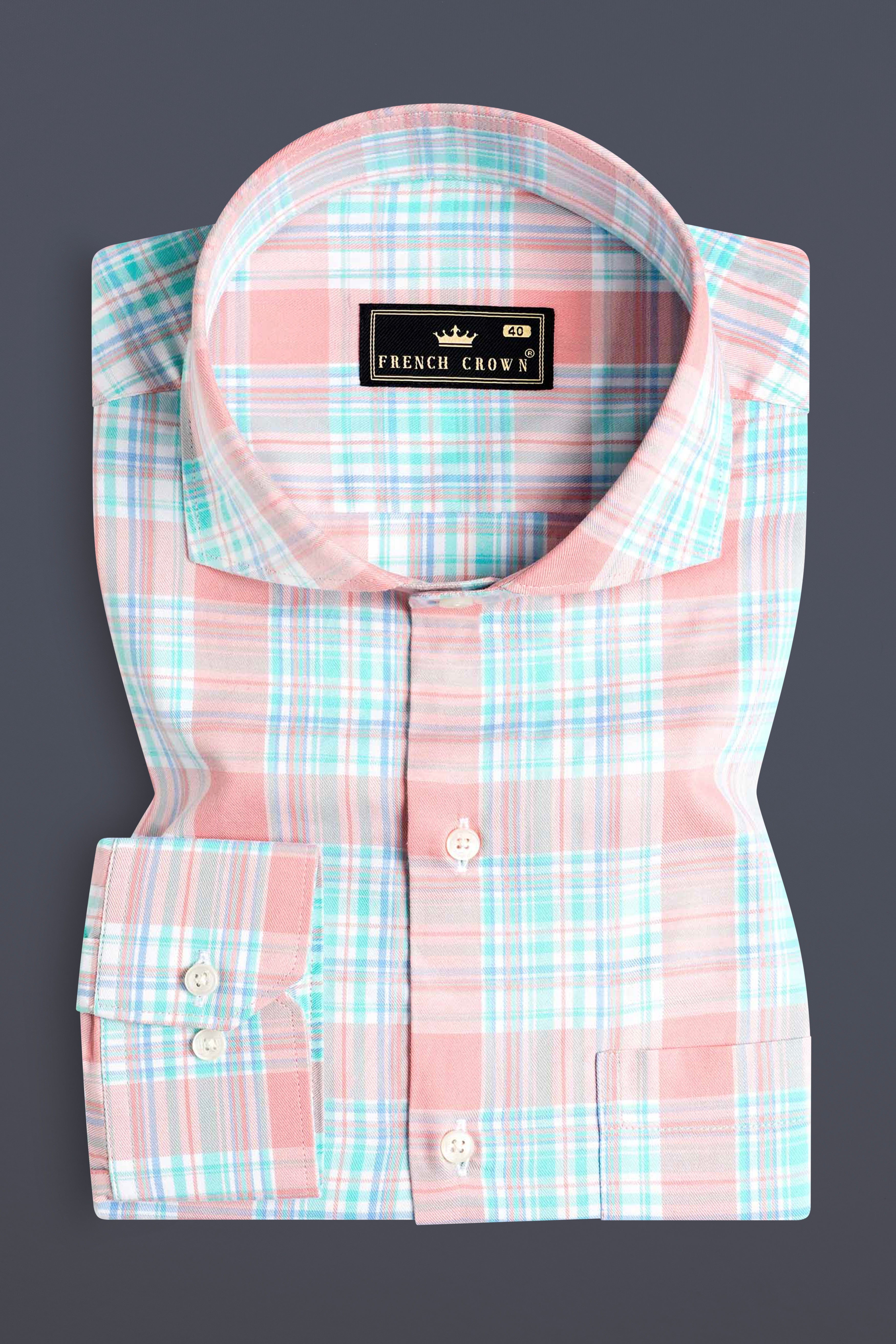 Blush Pink and Turquoise Blue Twill Plaid Premium Cotton Shirt