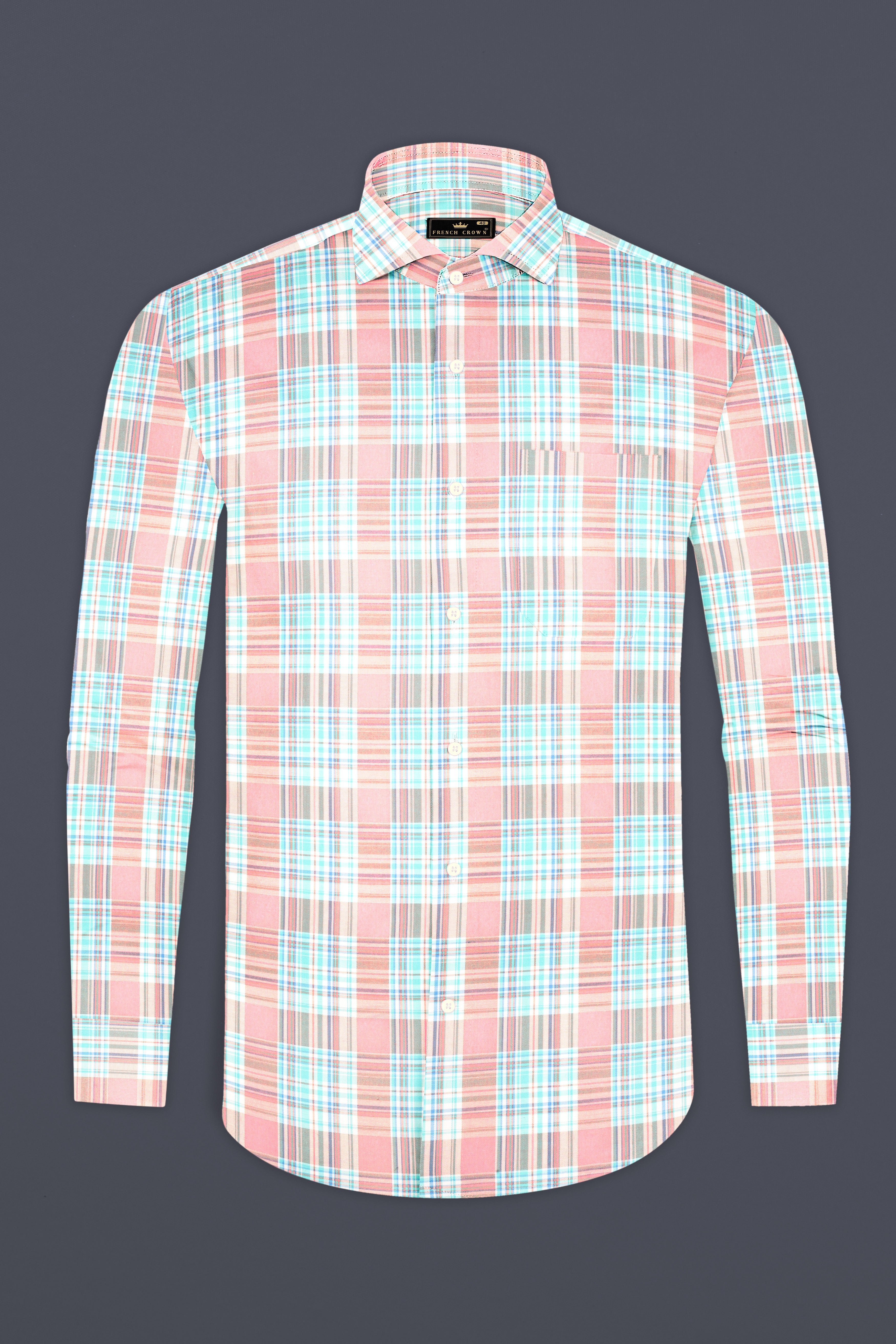 Blush Pink and Turquoise Blue Twill Plaid Premium Cotton Shirt