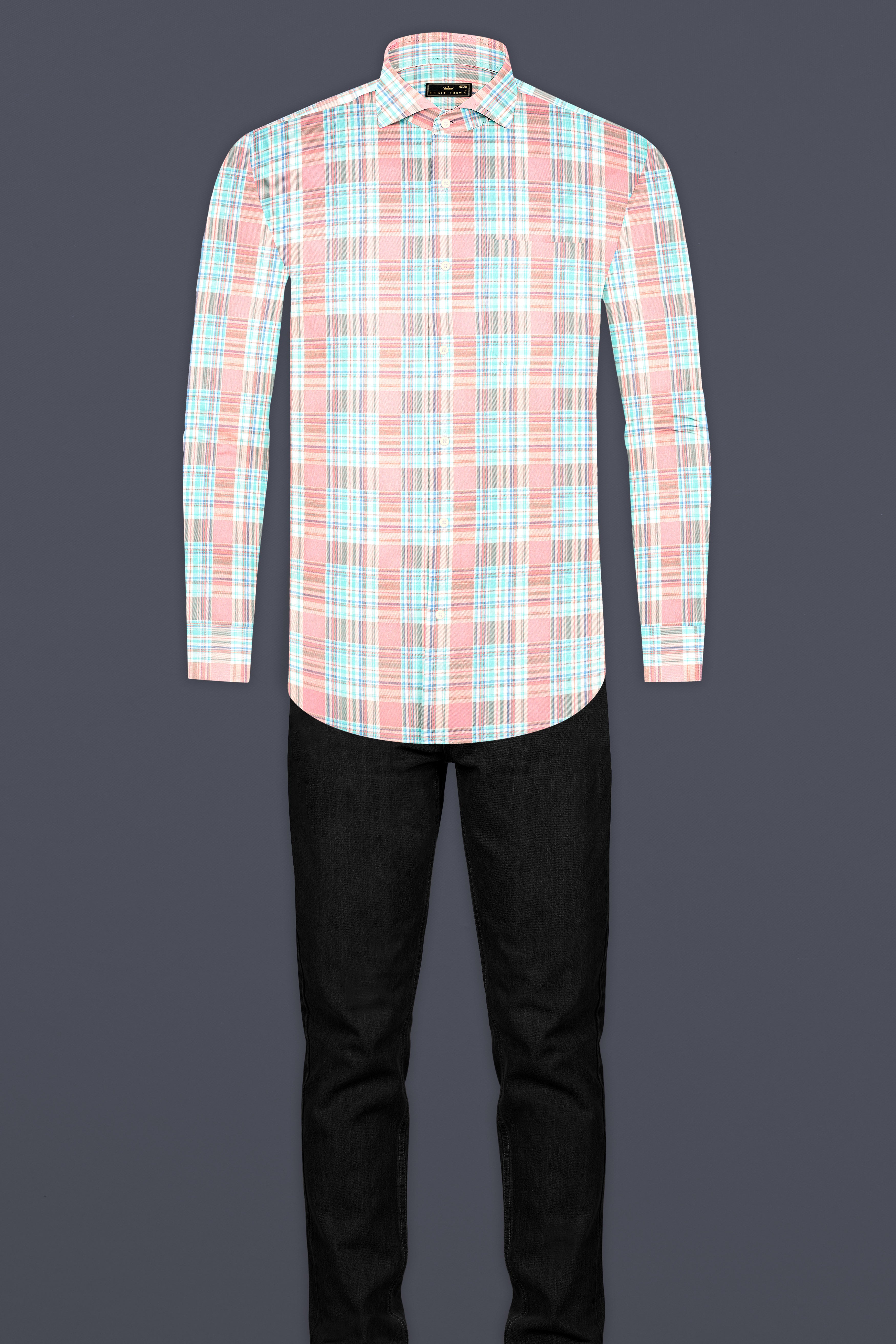 Blush Pink and Turquoise Blue Twill Plaid Premium Cotton Shirt