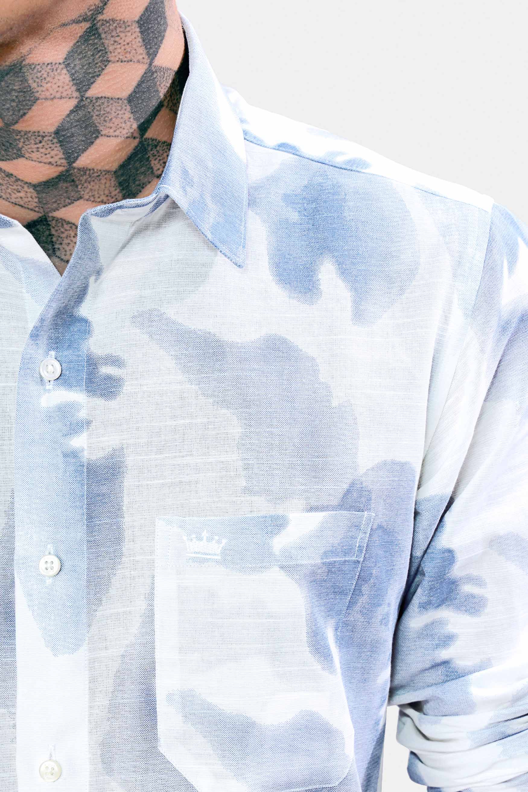 Bright White and Glacier Blue Tye & Die Luxurious Linen Shirt