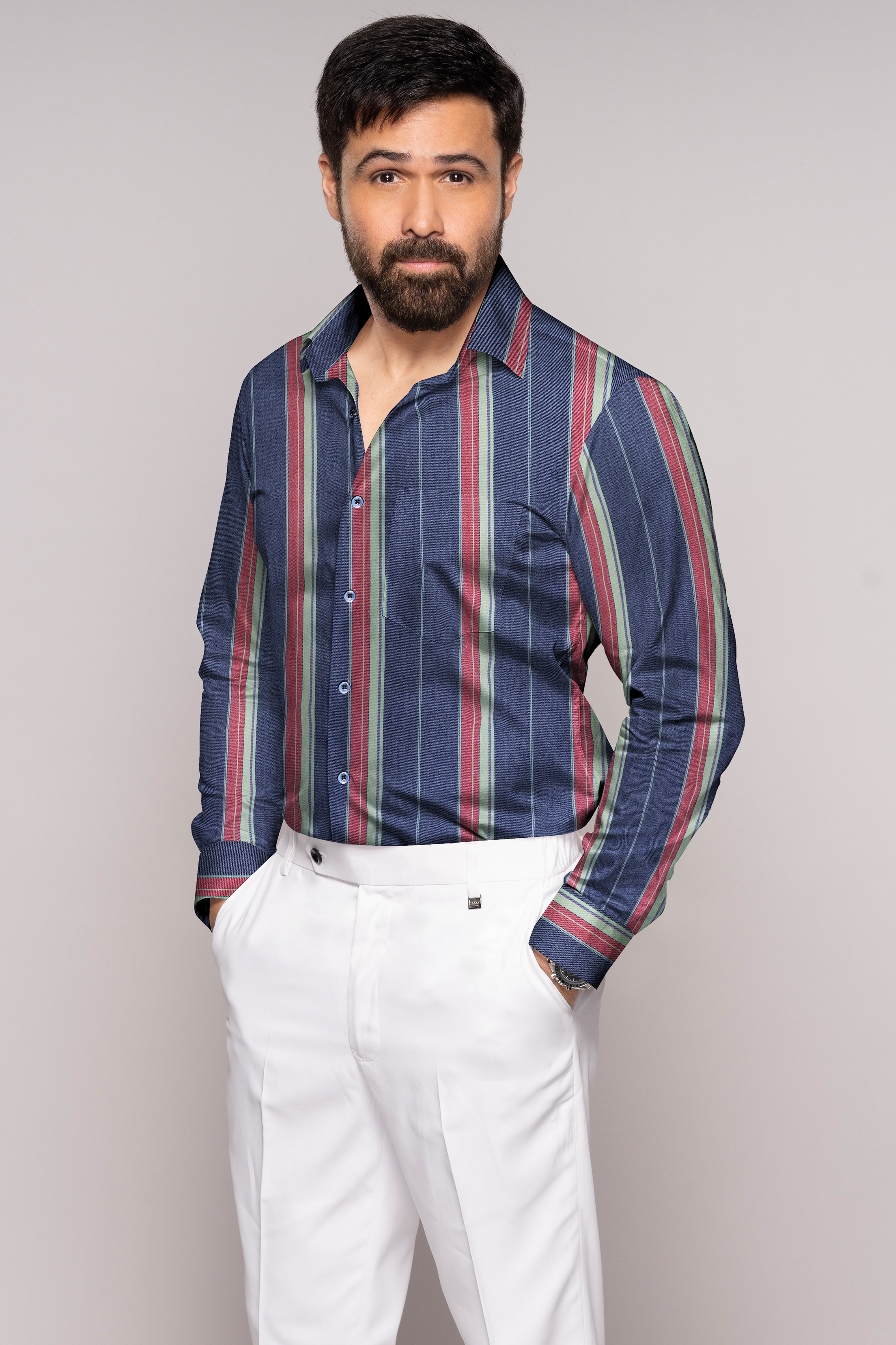 Indigo Blue Multicolour Striped Chambray Shirt