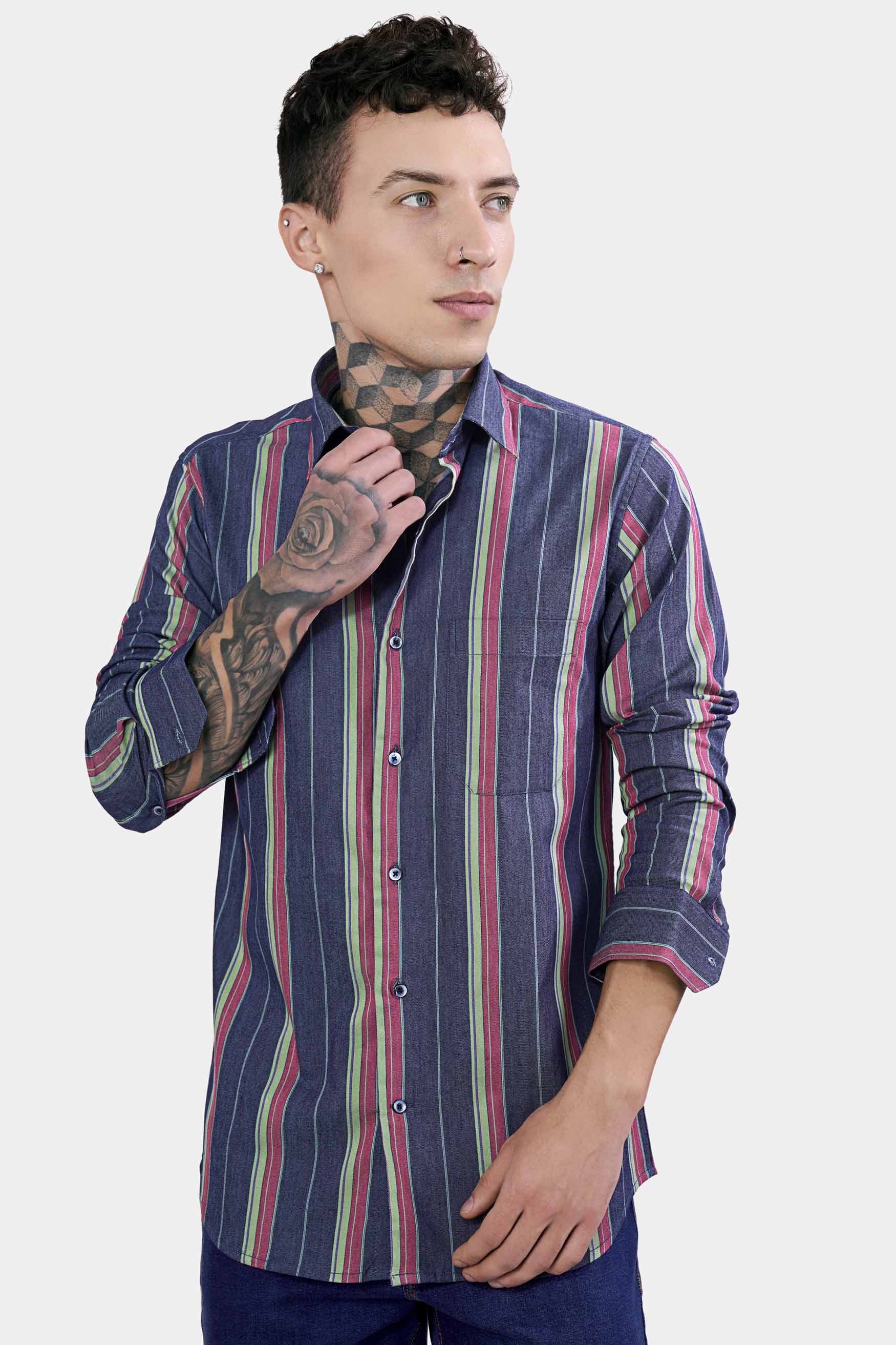 Indigo Blue Multicolour Striped Chambray Shirt