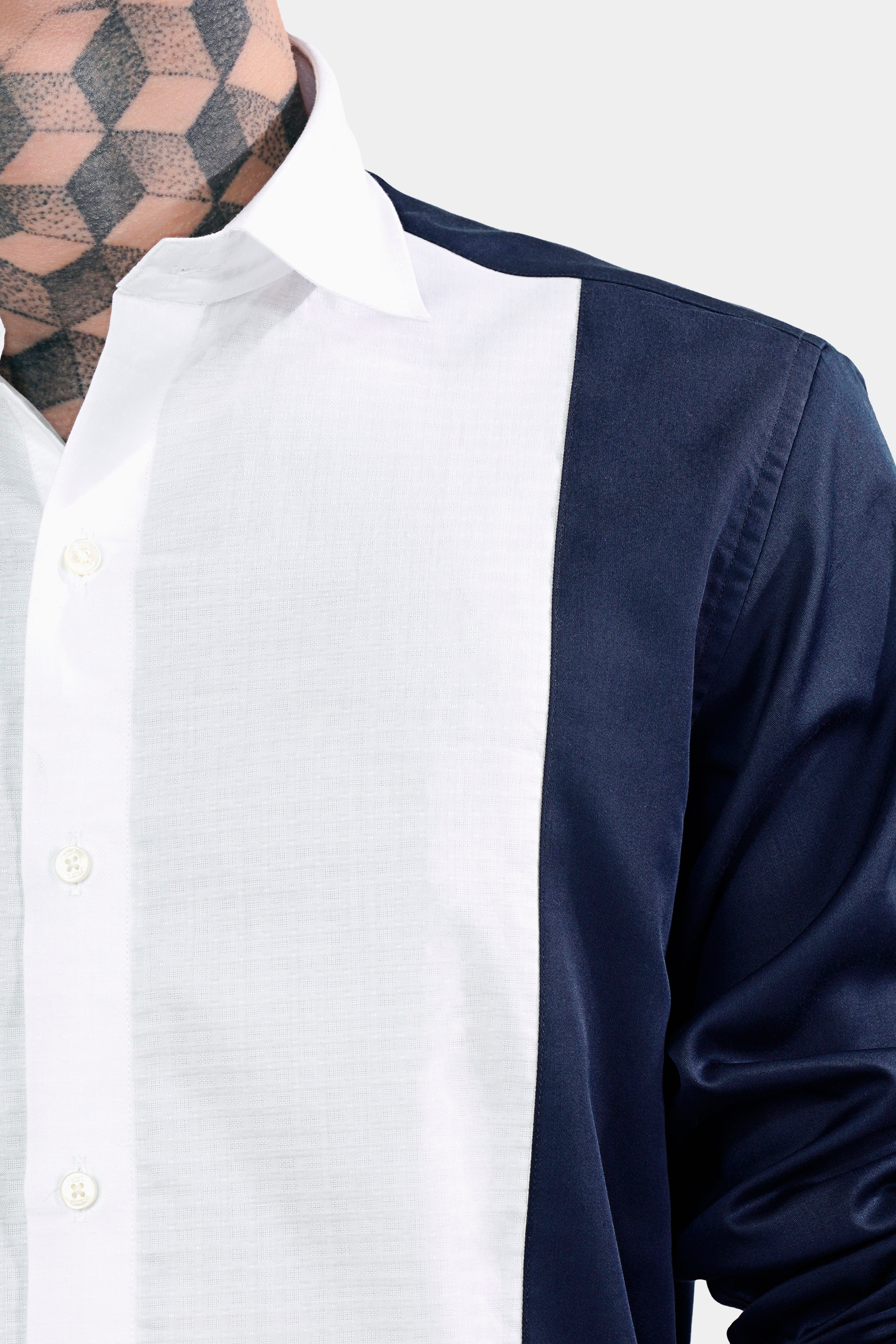Bright White and Midnight Blue Dobby Textured Premium Giza Cotton Designer Shirt