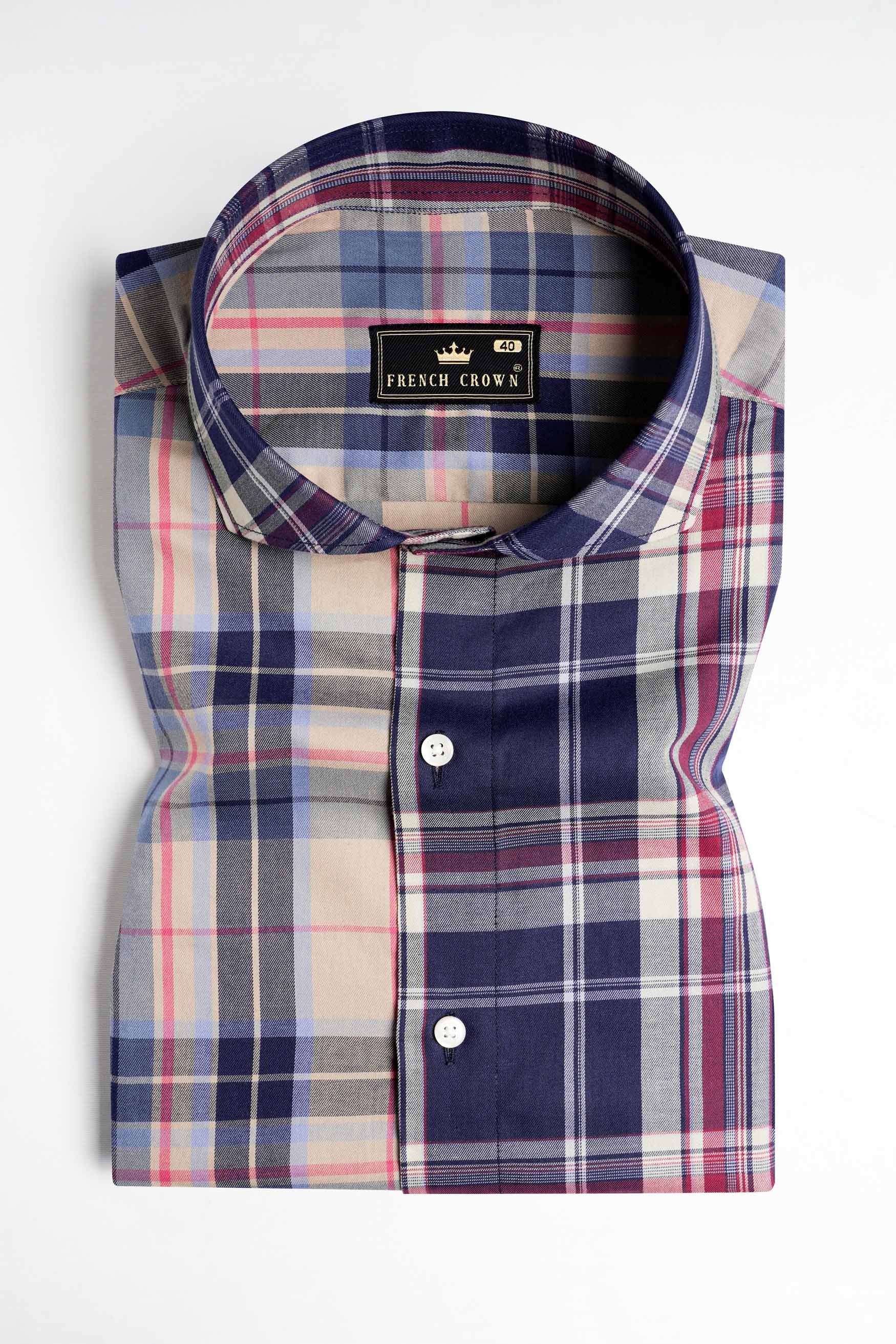 Haiti Blue and Akaroa Brown Twill Plaid Premium Cotton Half Sleeved Designer Shirt 11400-CA-SS-38, 11400-CA-SS-39, 11400-CA-SS-40, 11400-CA-SS-42, 11400-CA-SS-44, 11400-CA-SS-46, 11400-CA-SS-48, 11400-CA-SS-50, 11400-CA-SS-52