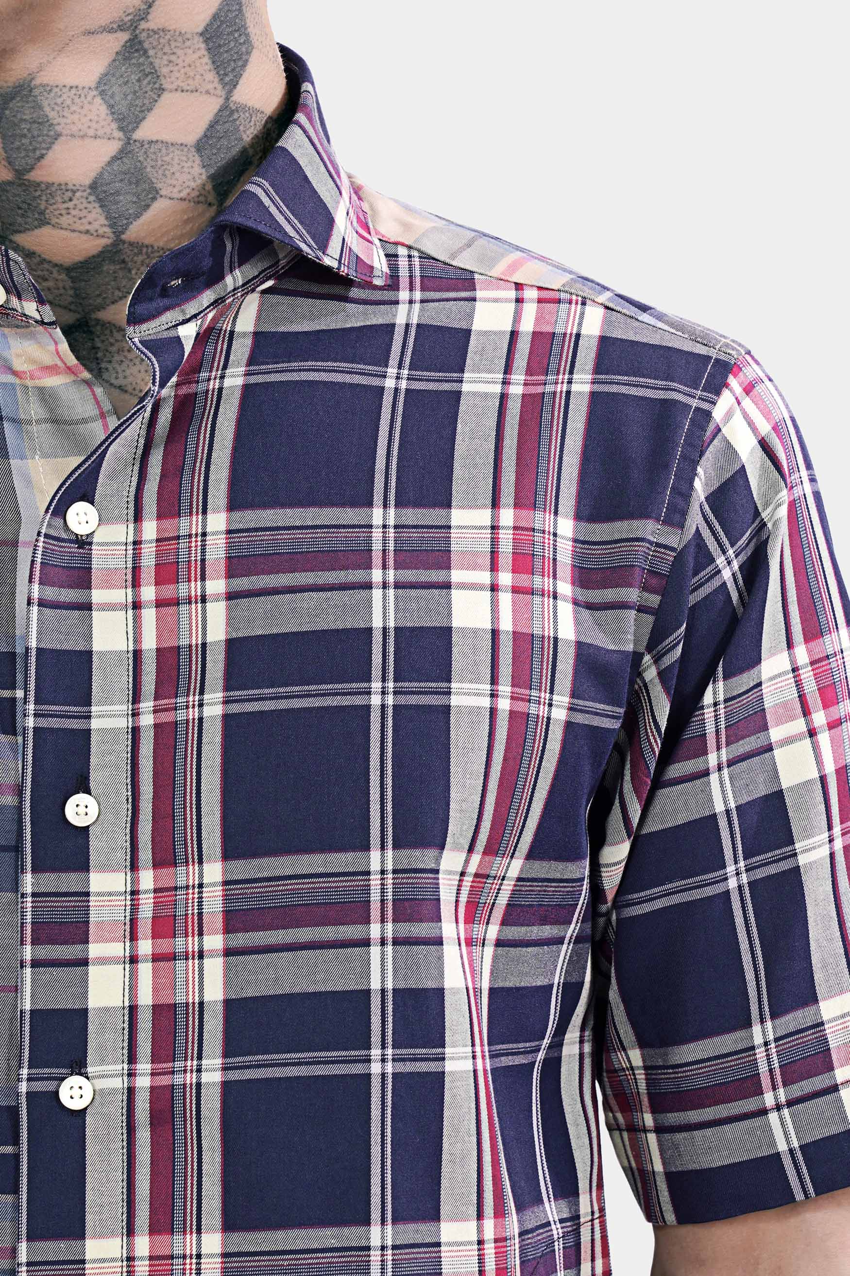 Haiti Blue and Akaroa Brown Twill Plaid Premium Cotton Half Sleeved Designer Shirt 11400-CA-SS-38, 11400-CA-SS-39, 11400-CA-SS-40, 11400-CA-SS-42, 11400-CA-SS-44, 11400-CA-SS-46, 11400-CA-SS-48, 11400-CA-SS-50, 11400-CA-SS-52