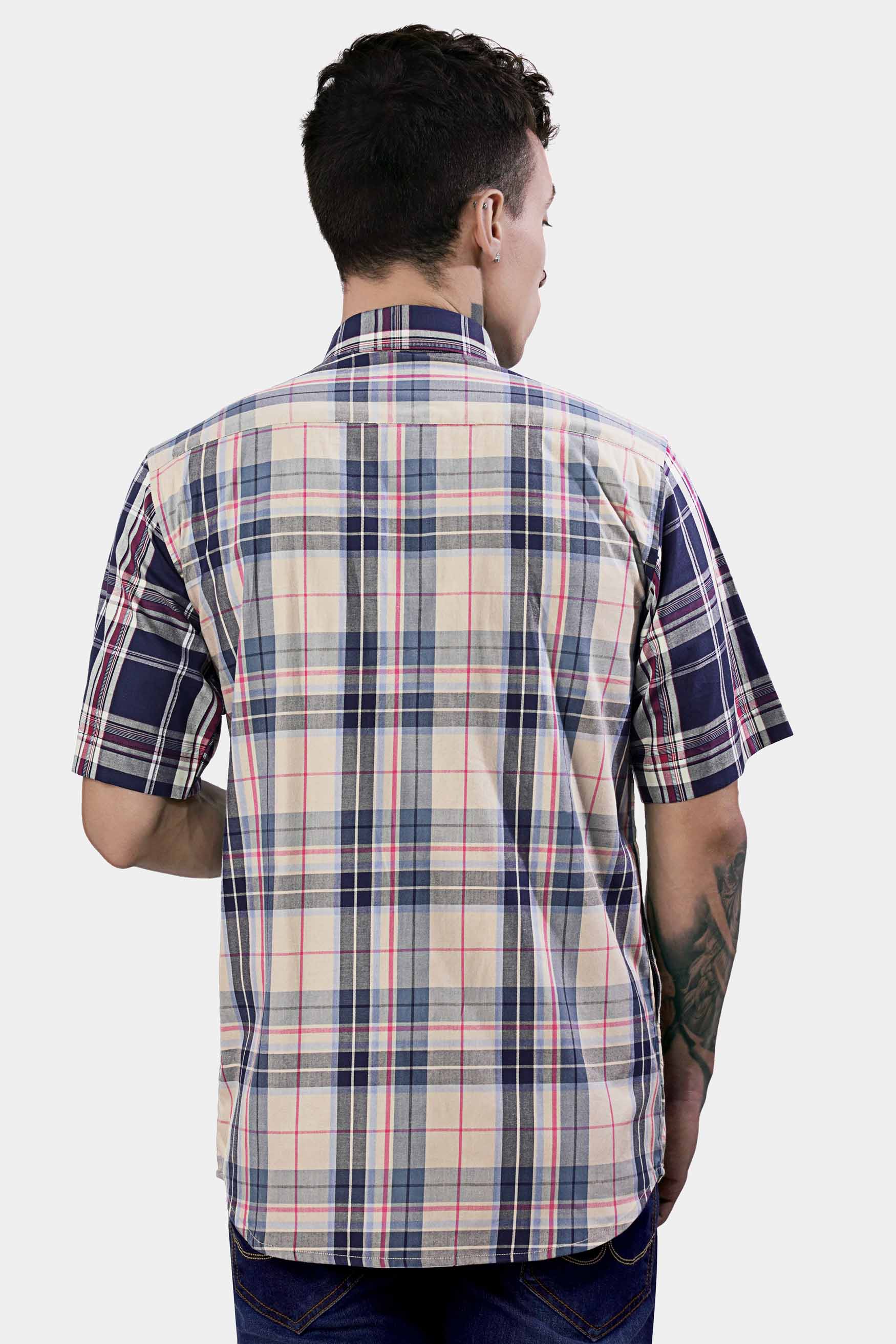 Haiti Blue and Akaroa Brown Twill Plaid Premium Cotton Half Sleeved Designer Shirt 11400-CA-SS-38, 11400-CA-SS-39, 11400-CA-SS-40, 11400-CA-SS-42, 11400-CA-SS-44, 11400-CA-SS-46, 11400-CA-SS-48, 11400-CA-SS-50, 11400-CA-SS-52